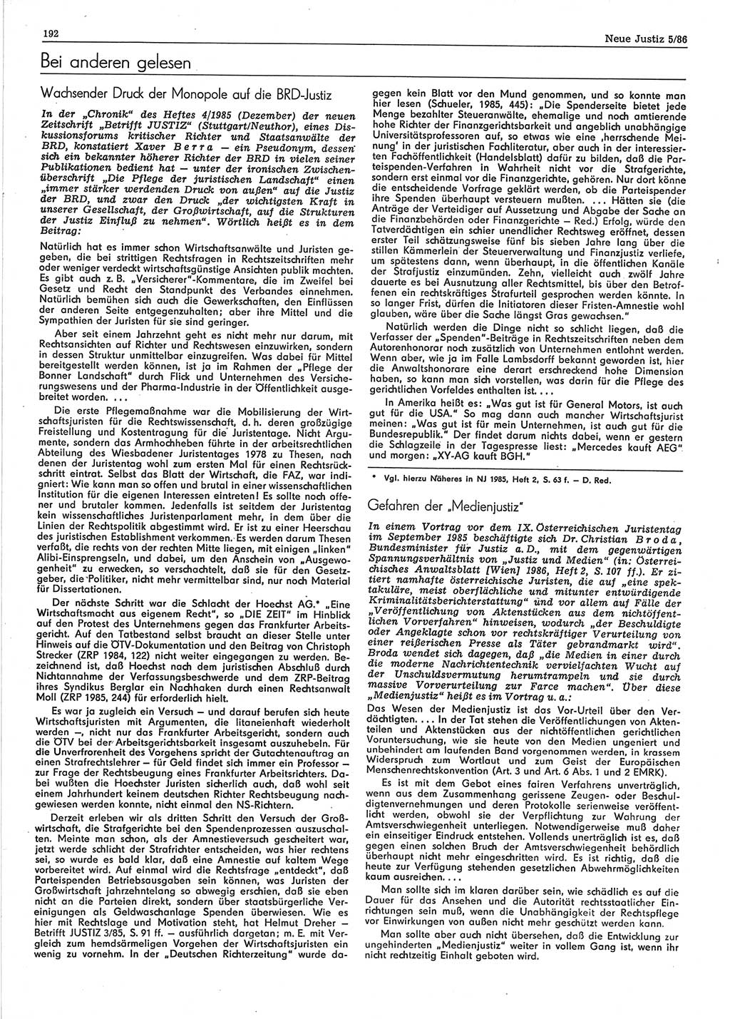 Neue Justiz (NJ), Zeitschrift für sozialistisches Recht und Gesetzlichkeit [Deutsche Demokratische Republik (DDR)], 40. Jahrgang 1986, Seite 192 (NJ DDR 1986, S. 192)