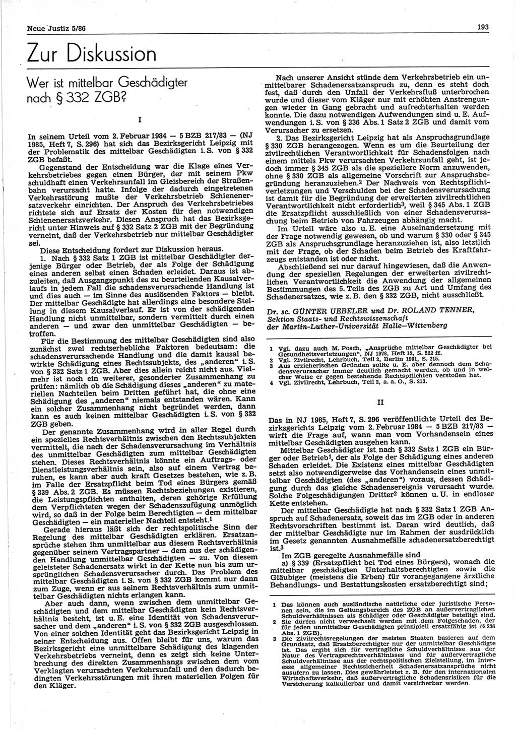 Neue Justiz (NJ), Zeitschrift für sozialistisches Recht und Gesetzlichkeit [Deutsche Demokratische Republik (DDR)], 40. Jahrgang 1986, Seite 193 (NJ DDR 1986, S. 193)