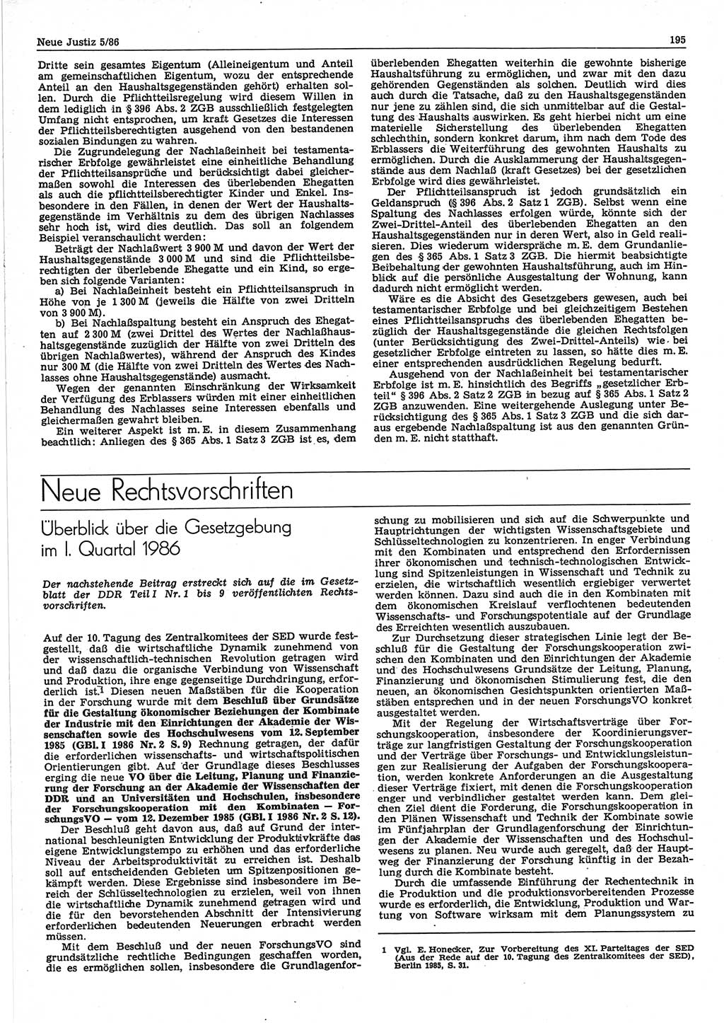 Neue Justiz (NJ), Zeitschrift für sozialistisches Recht und Gesetzlichkeit [Deutsche Demokratische Republik (DDR)], 40. Jahrgang 1986, Seite 195 (NJ DDR 1986, S. 195)