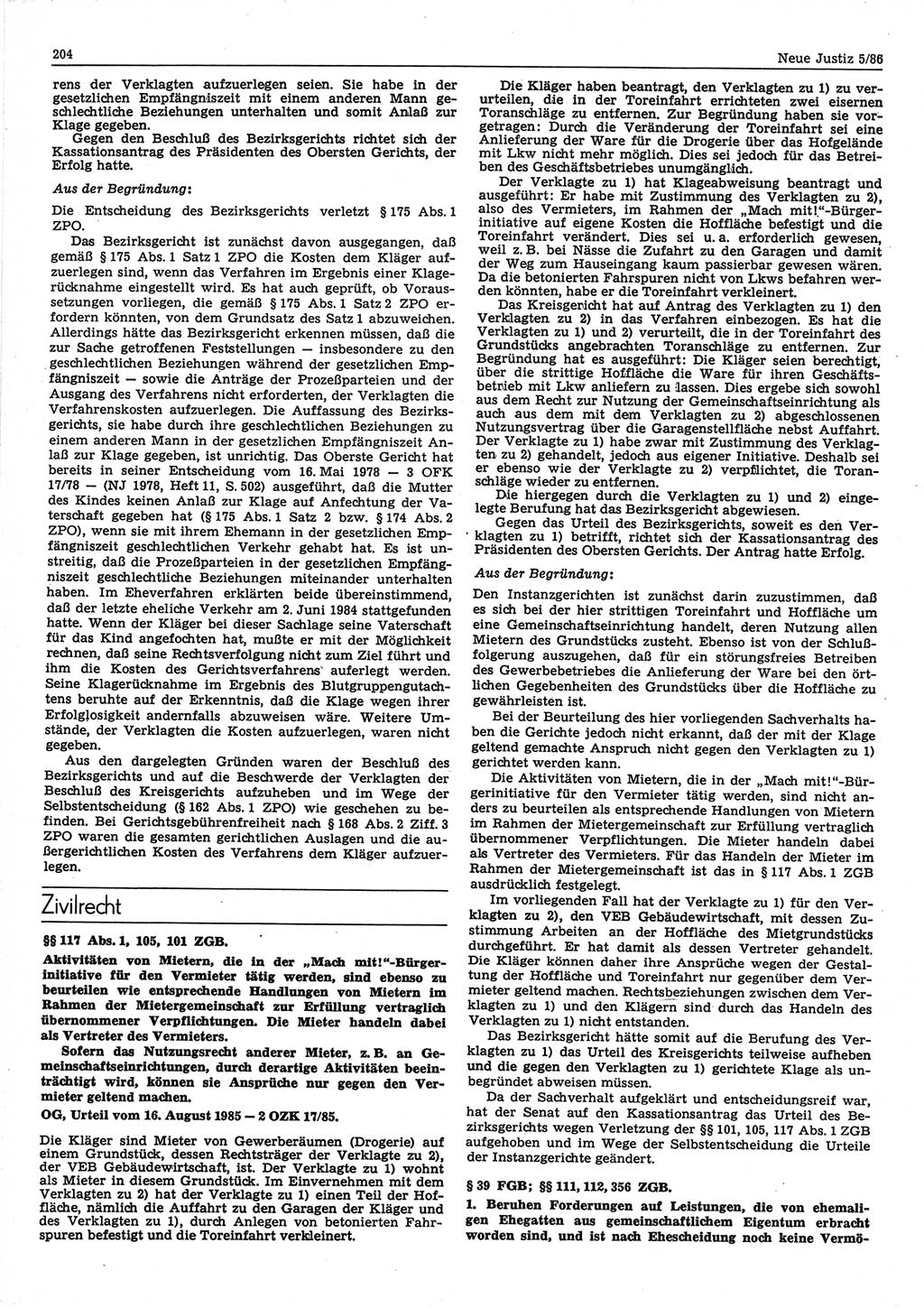 Neue Justiz (NJ), Zeitschrift für sozialistisches Recht und Gesetzlichkeit [Deutsche Demokratische Republik (DDR)], 40. Jahrgang 1986, Seite 204 (NJ DDR 1986, S. 204)