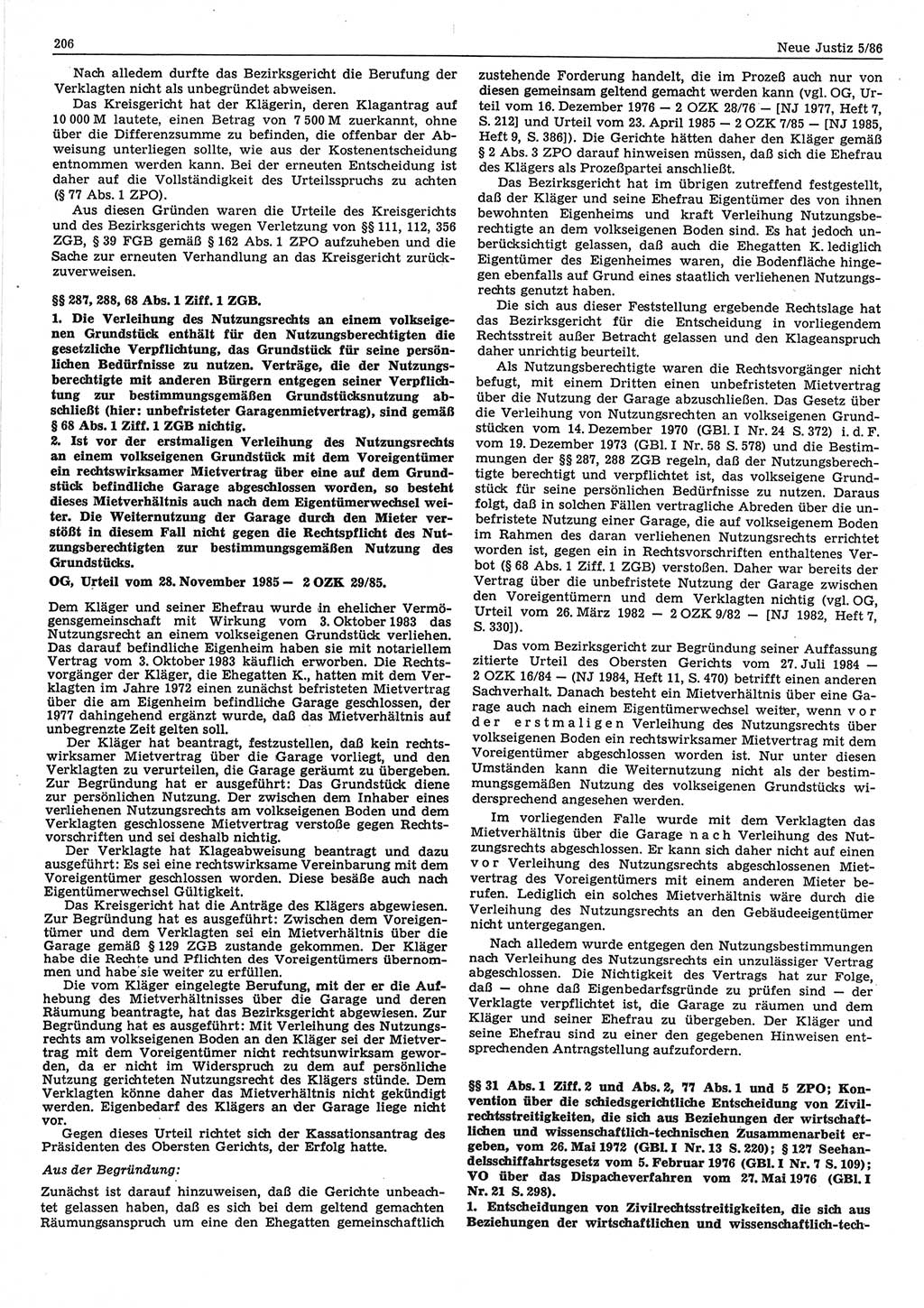 Neue Justiz (NJ), Zeitschrift für sozialistisches Recht und Gesetzlichkeit [Deutsche Demokratische Republik (DDR)], 40. Jahrgang 1986, Seite 206 (NJ DDR 1986, S. 206)