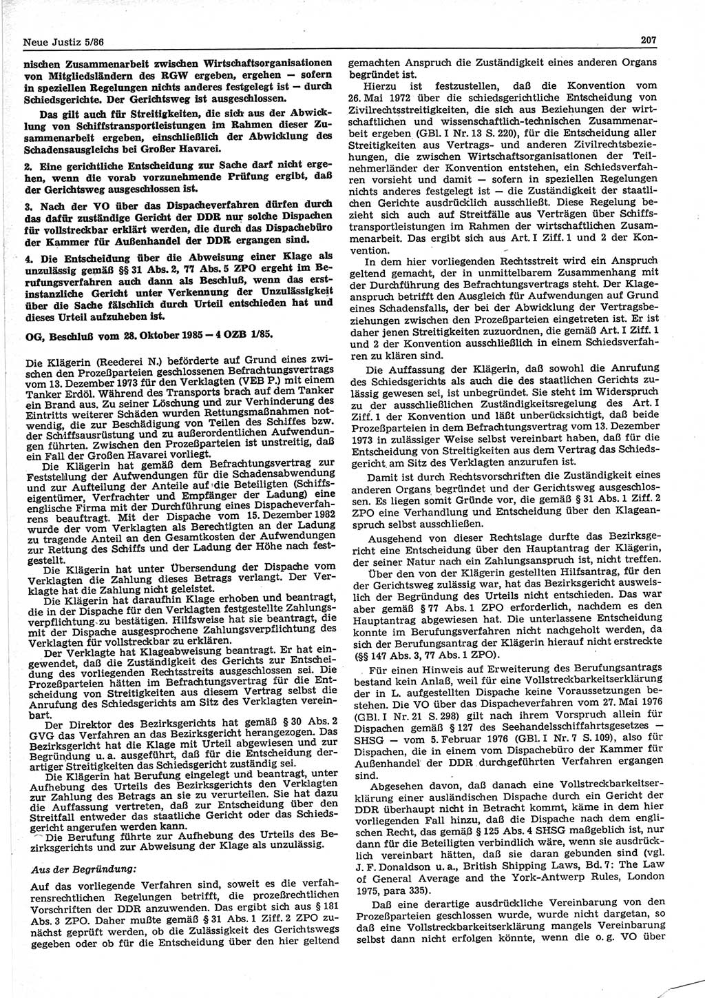 Neue Justiz (NJ), Zeitschrift für sozialistisches Recht und Gesetzlichkeit [Deutsche Demokratische Republik (DDR)], 40. Jahrgang 1986, Seite 207 (NJ DDR 1986, S. 207)