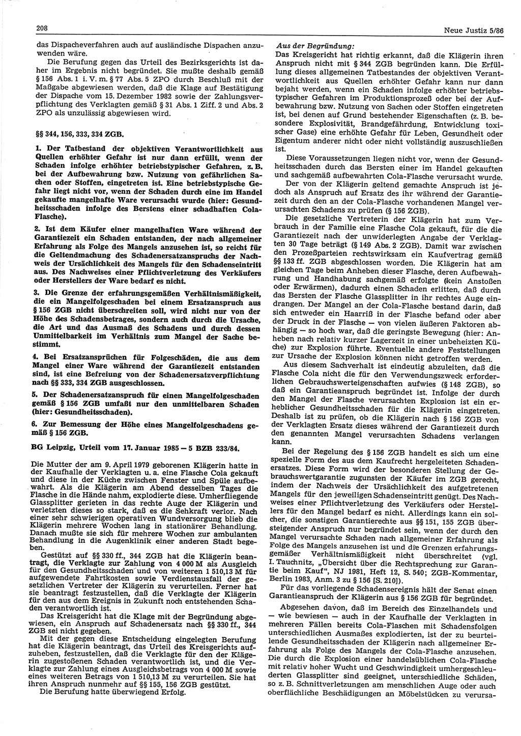 Neue Justiz (NJ), Zeitschrift für sozialistisches Recht und Gesetzlichkeit [Deutsche Demokratische Republik (DDR)], 40. Jahrgang 1986, Seite 208 (NJ DDR 1986, S. 208)
