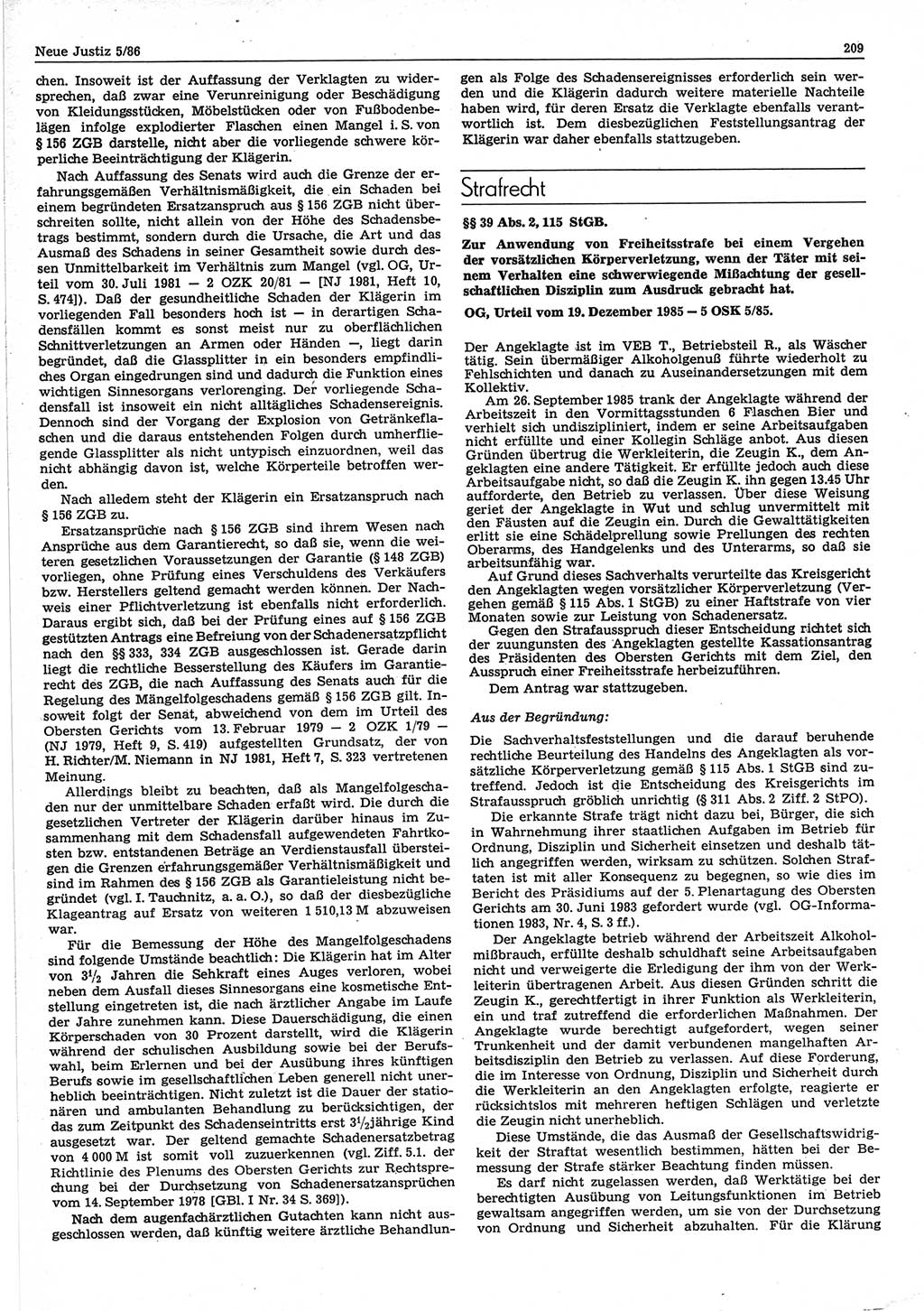 Neue Justiz (NJ), Zeitschrift für sozialistisches Recht und Gesetzlichkeit [Deutsche Demokratische Republik (DDR)], 40. Jahrgang 1986, Seite 209 (NJ DDR 1986, S. 209)