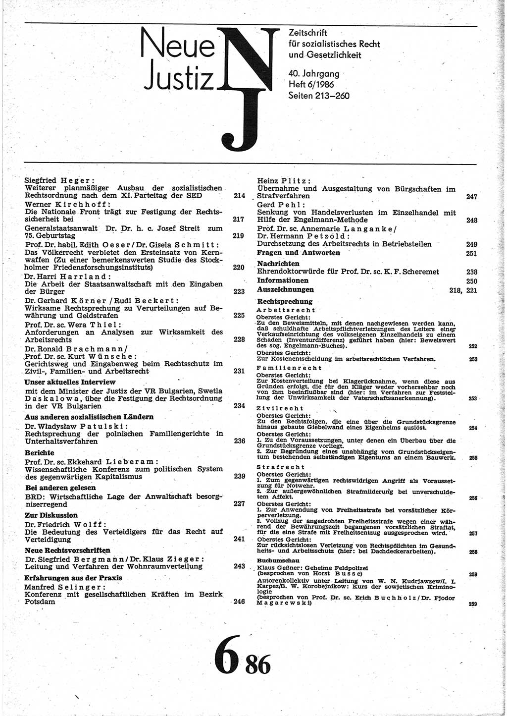 Neue Justiz (NJ), Zeitschrift für sozialistisches Recht und Gesetzlichkeit [Deutsche Demokratische Republik (DDR)], 40. Jahrgang 1986, Seite 213 (NJ DDR 1986, S. 213)