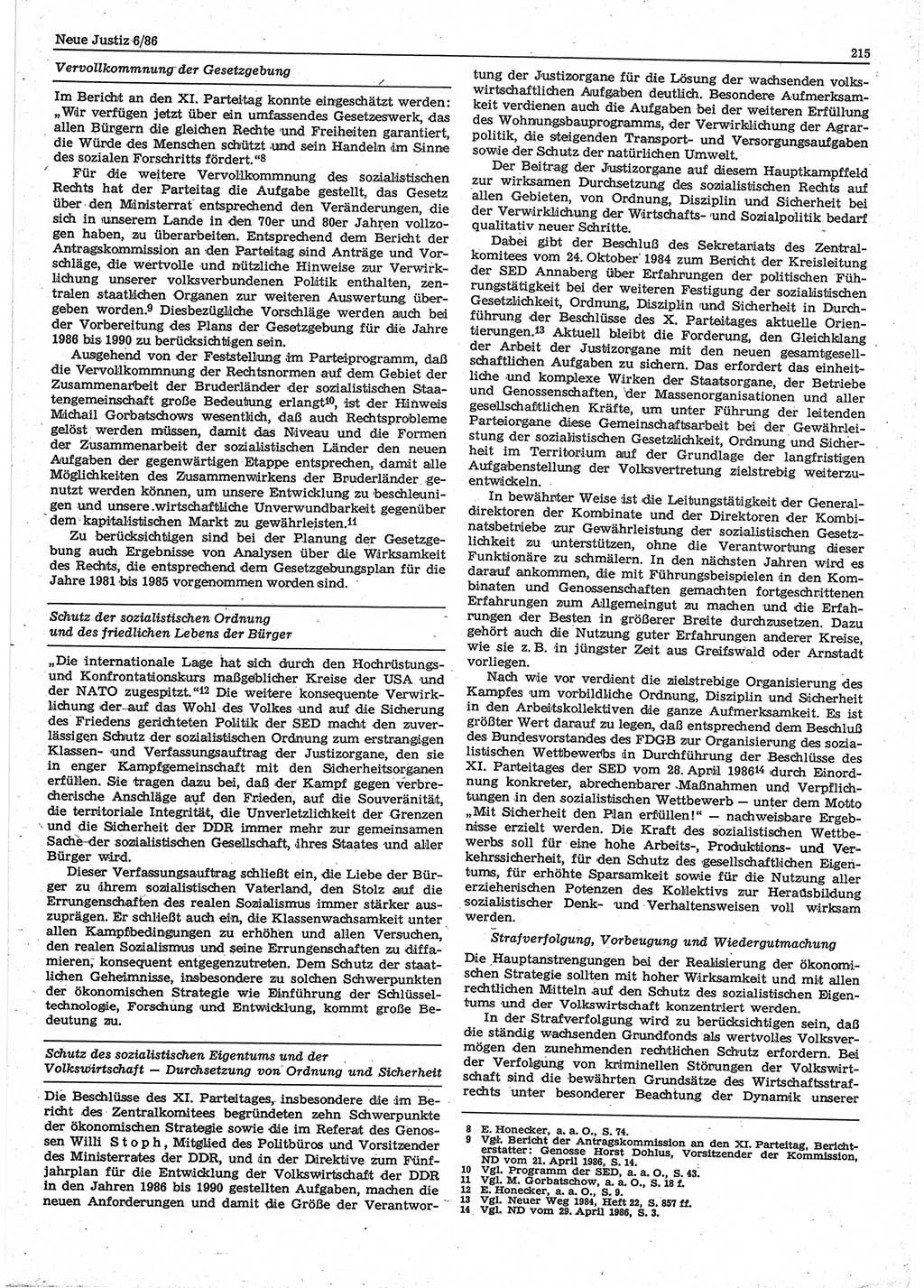 Neue Justiz (NJ), Zeitschrift für sozialistisches Recht und Gesetzlichkeit [Deutsche Demokratische Republik (DDR)], 40. Jahrgang 1986, Seite 215 (NJ DDR 1986, S. 215)
