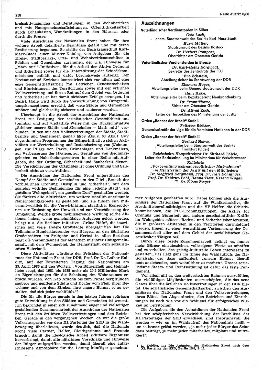 Neue Justiz (NJ), Zeitschrift für sozialistisches Recht und Gesetzlichkeit [Deutsche Demokratische Republik (DDR)], 40. Jahrgang 1986, Seite 218 (NJ DDR 1986, S. 218)