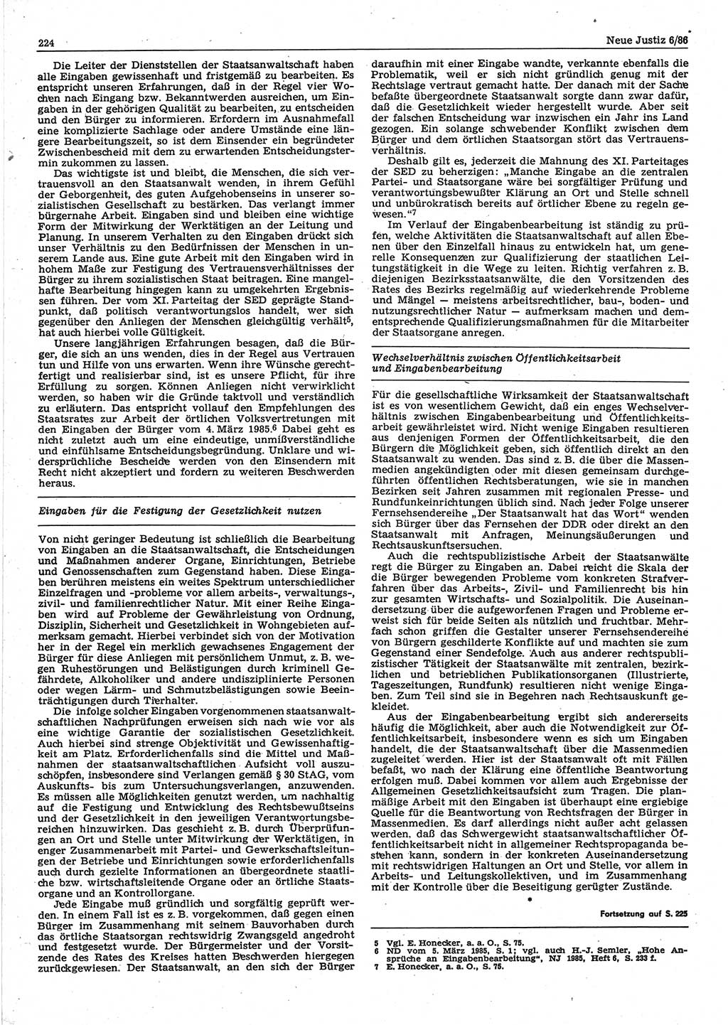 Neue Justiz (NJ), Zeitschrift für sozialistisches Recht und Gesetzlichkeit [Deutsche Demokratische Republik (DDR)], 40. Jahrgang 1986, Seite 224 (NJ DDR 1986, S. 224)