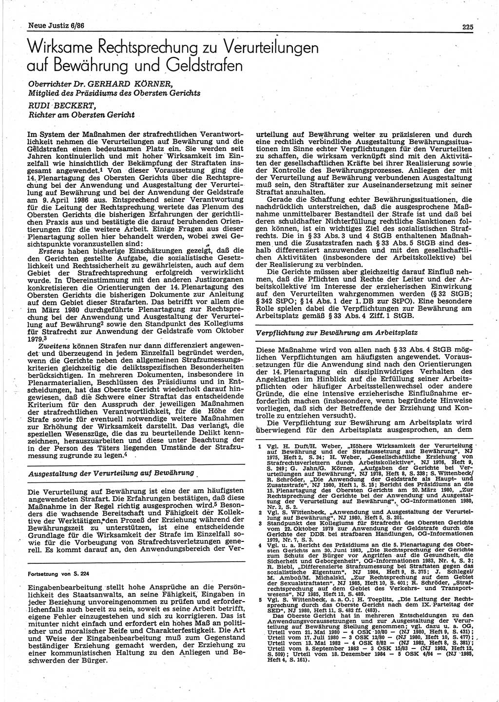Neue Justiz (NJ), Zeitschrift für sozialistisches Recht und Gesetzlichkeit [Deutsche Demokratische Republik (DDR)], 40. Jahrgang 1986, Seite 225 (NJ DDR 1986, S. 225)