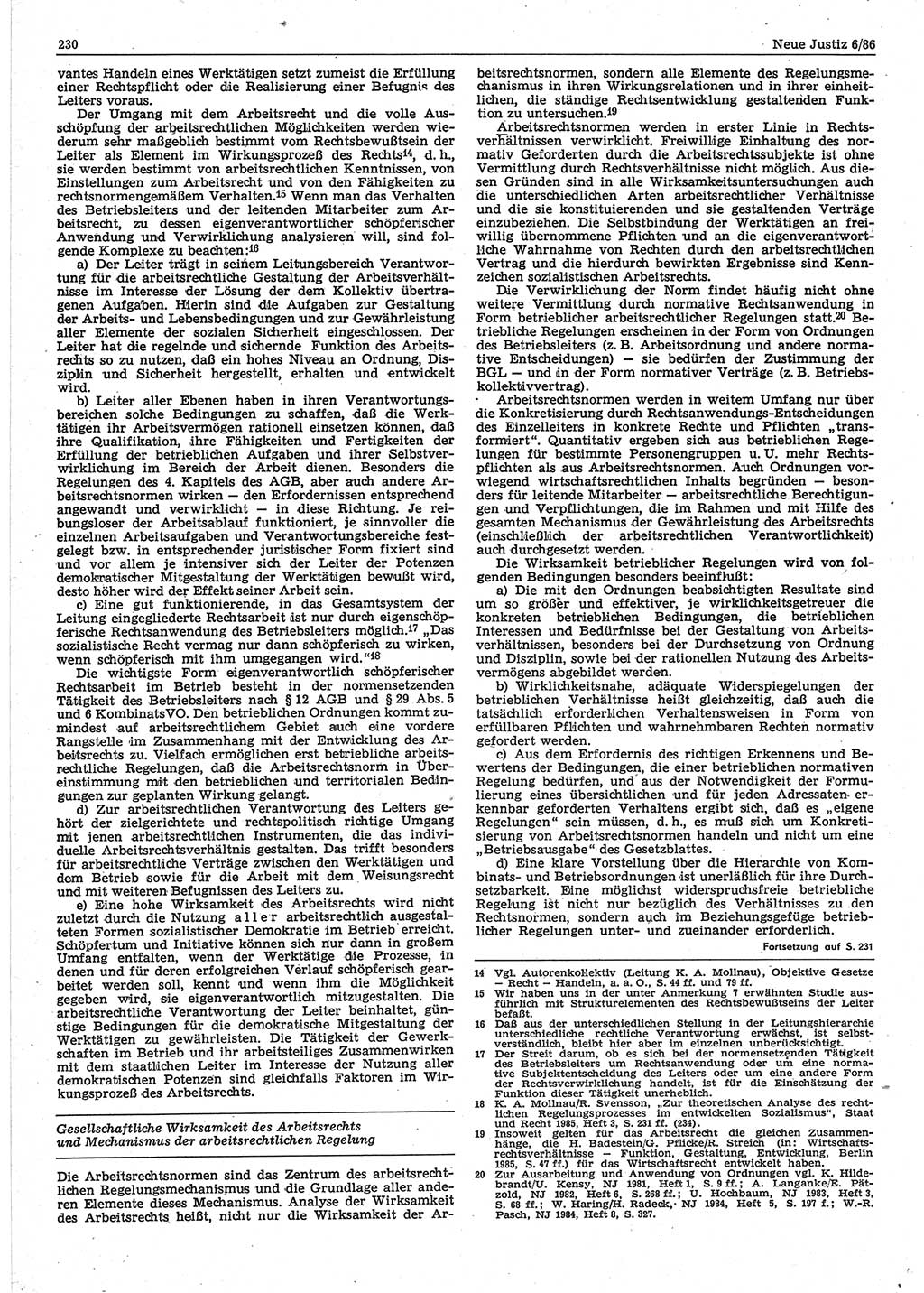 Neue Justiz (NJ), Zeitschrift für sozialistisches Recht und Gesetzlichkeit [Deutsche Demokratische Republik (DDR)], 40. Jahrgang 1986, Seite 230 (NJ DDR 1986, S. 230)