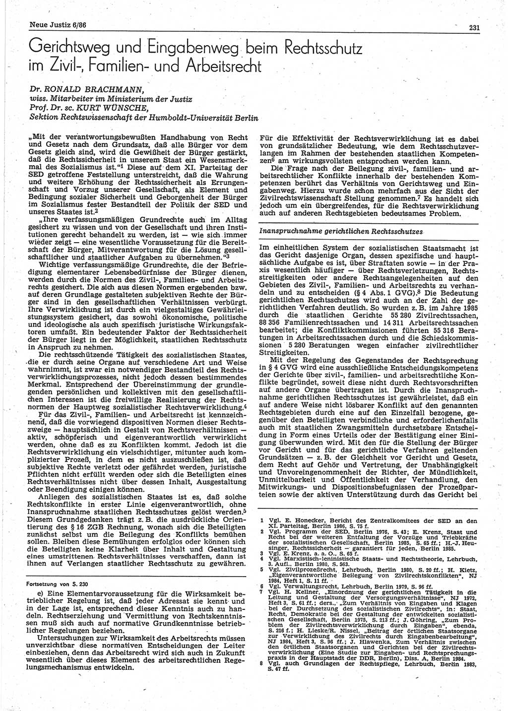 Neue Justiz (NJ), Zeitschrift für sozialistisches Recht und Gesetzlichkeit [Deutsche Demokratische Republik (DDR)], 40. Jahrgang 1986, Seite 231 (NJ DDR 1986, S. 231)