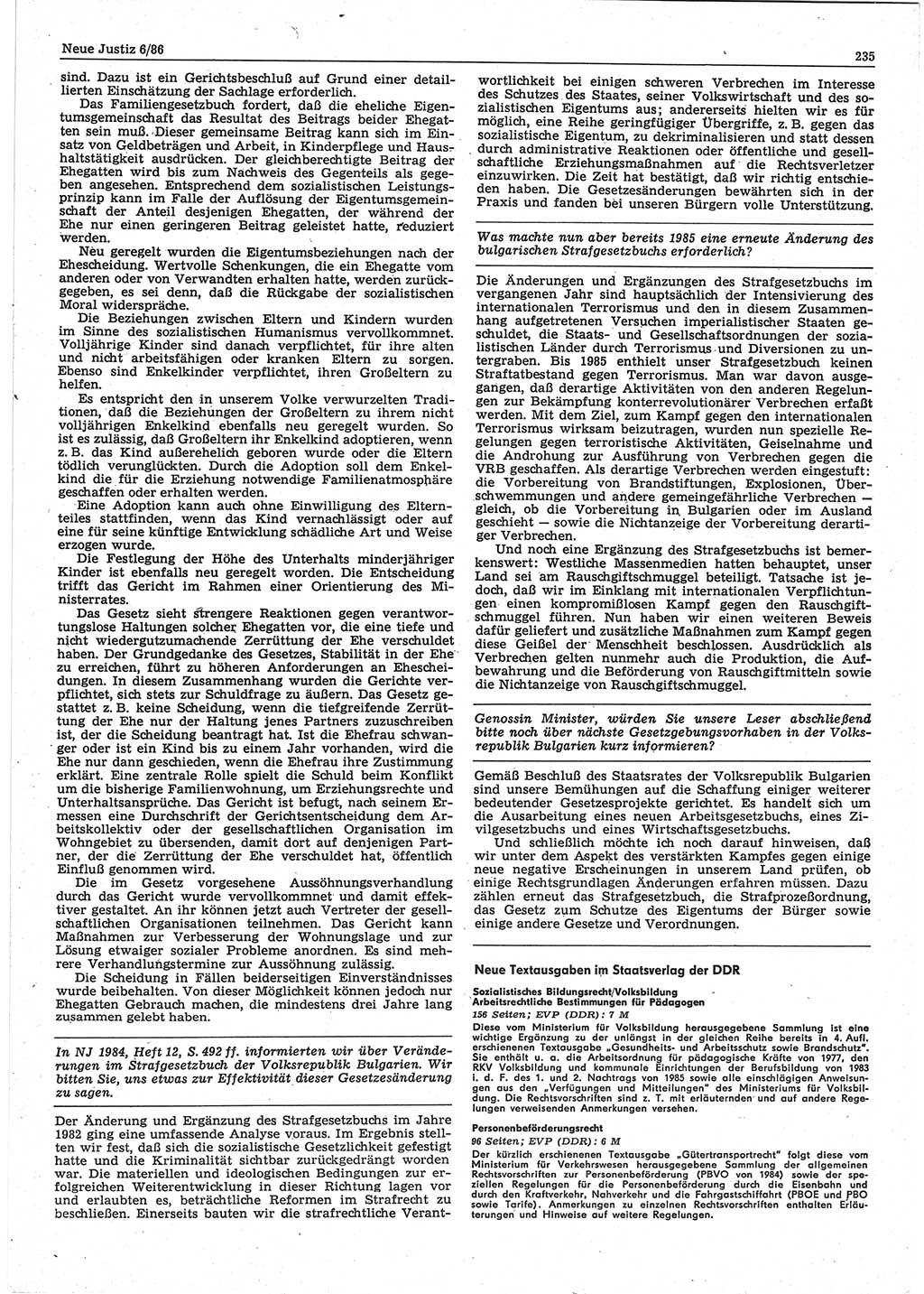 Neue Justiz (NJ), Zeitschrift für sozialistisches Recht und Gesetzlichkeit [Deutsche Demokratische Republik (DDR)], 40. Jahrgang 1986, Seite 235 (NJ DDR 1986, S. 235)