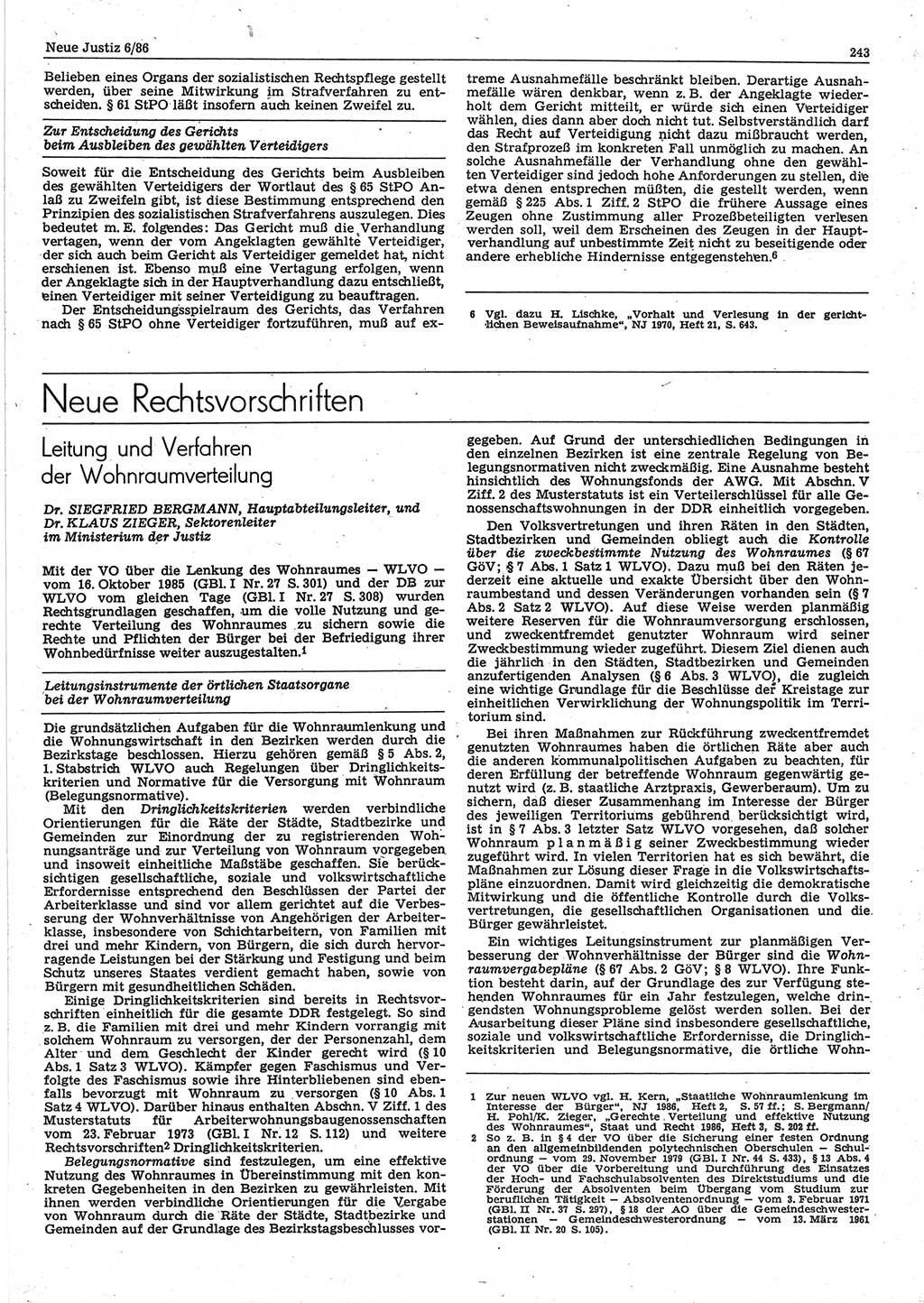 Neue Justiz (NJ), Zeitschrift für sozialistisches Recht und Gesetzlichkeit [Deutsche Demokratische Republik (DDR)], 40. Jahrgang 1986, Seite 243 (NJ DDR 1986, S. 243)