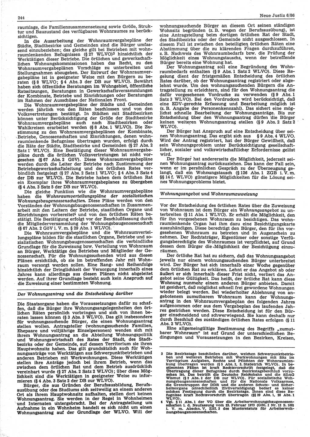 Neue Justiz (NJ), Zeitschrift für sozialistisches Recht und Gesetzlichkeit [Deutsche Demokratische Republik (DDR)], 40. Jahrgang 1986, Seite 244 (NJ DDR 1986, S. 244)