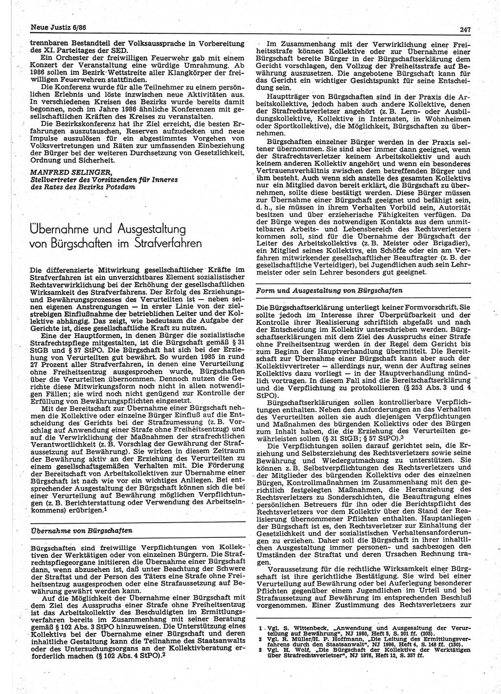 Neue Justiz (NJ), Zeitschrift für sozialistisches Recht und Gesetzlichkeit [Deutsche Demokratische Republik (DDR)], 40. Jahrgang 1986, Seite 247 (NJ DDR 1986, S. 247)