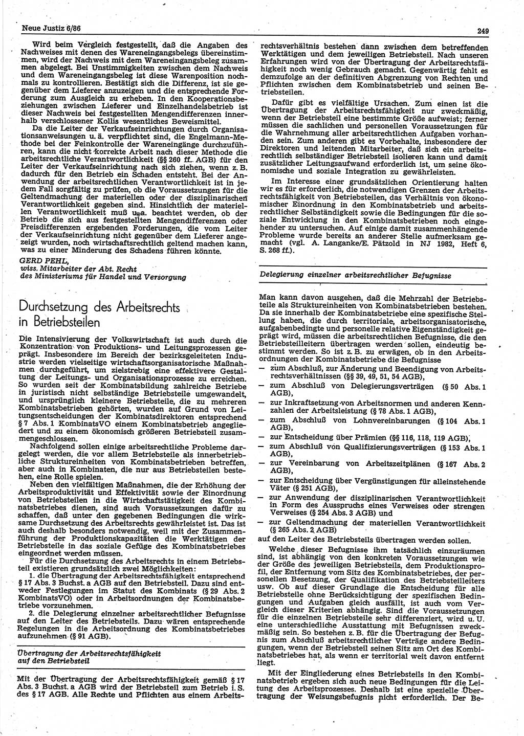 Neue Justiz (NJ), Zeitschrift für sozialistisches Recht und Gesetzlichkeit [Deutsche Demokratische Republik (DDR)], 40. Jahrgang 1986, Seite 249 (NJ DDR 1986, S. 249)