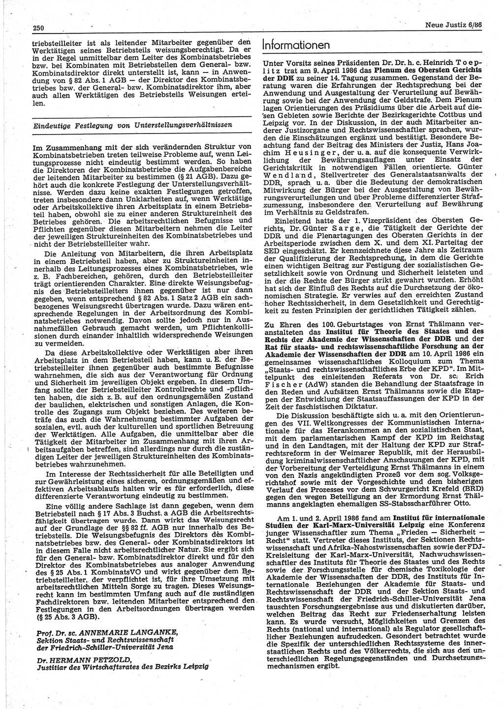 Neue Justiz (NJ), Zeitschrift für sozialistisches Recht und Gesetzlichkeit [Deutsche Demokratische Republik (DDR)], 40. Jahrgang 1986, Seite 250 (NJ DDR 1986, S. 250)