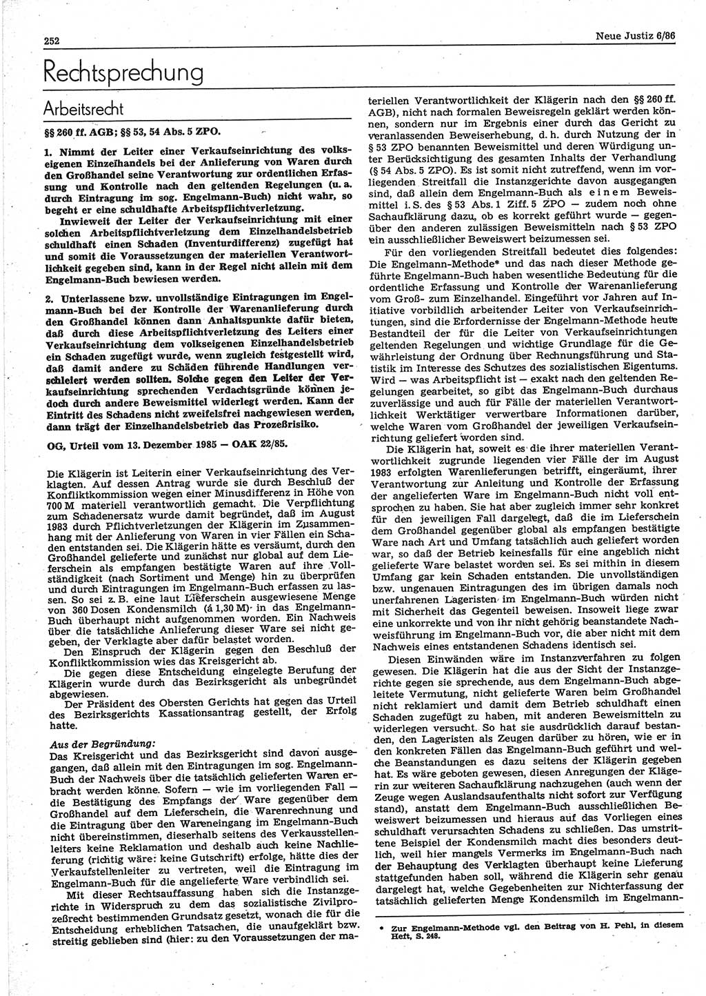 Neue Justiz (NJ), Zeitschrift für sozialistisches Recht und Gesetzlichkeit [Deutsche Demokratische Republik (DDR)], 40. Jahrgang 1986, Seite 252 (NJ DDR 1986, S. 252)