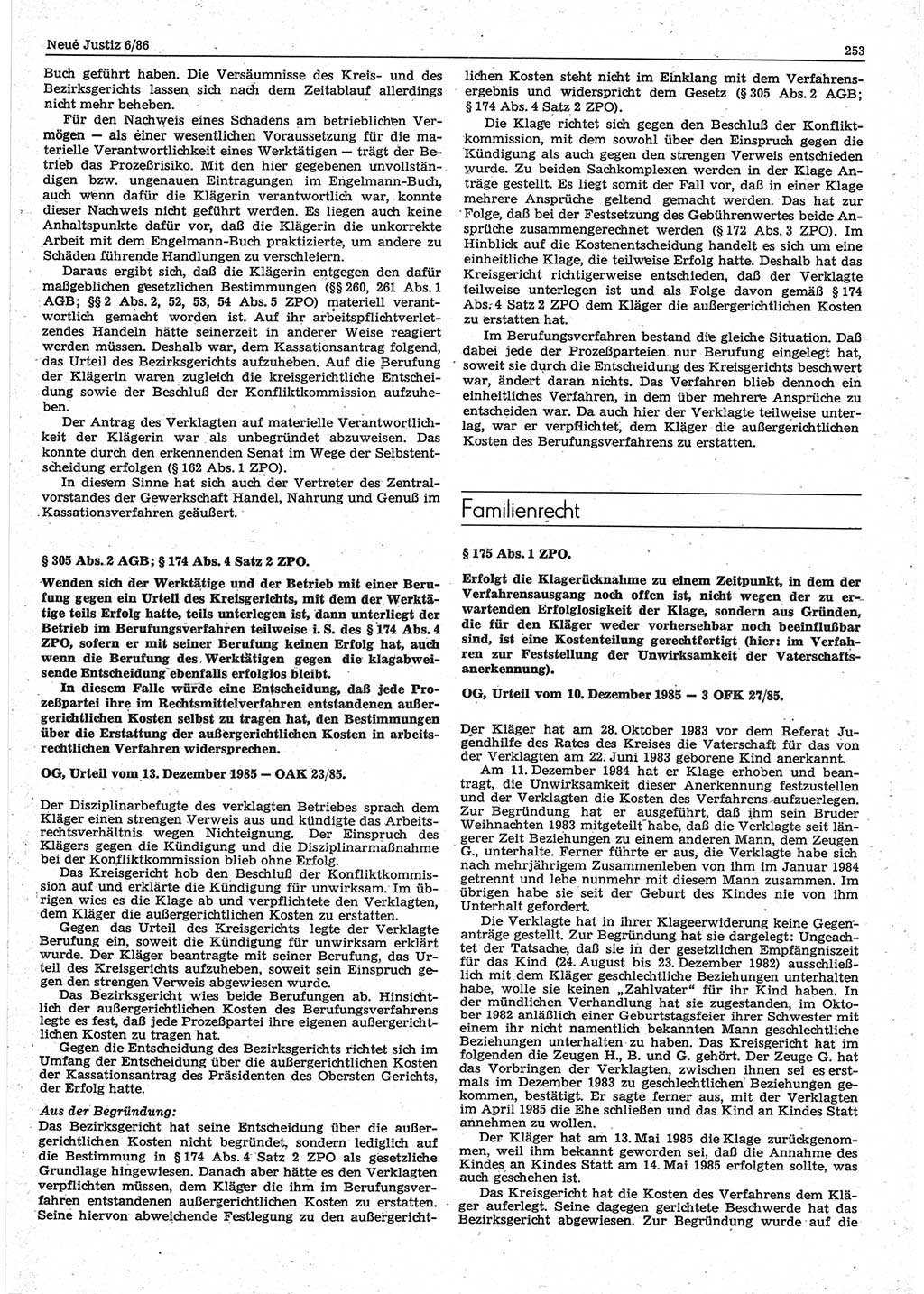Neue Justiz (NJ), Zeitschrift für sozialistisches Recht und Gesetzlichkeit [Deutsche Demokratische Republik (DDR)], 40. Jahrgang 1986, Seite 253 (NJ DDR 1986, S. 253)