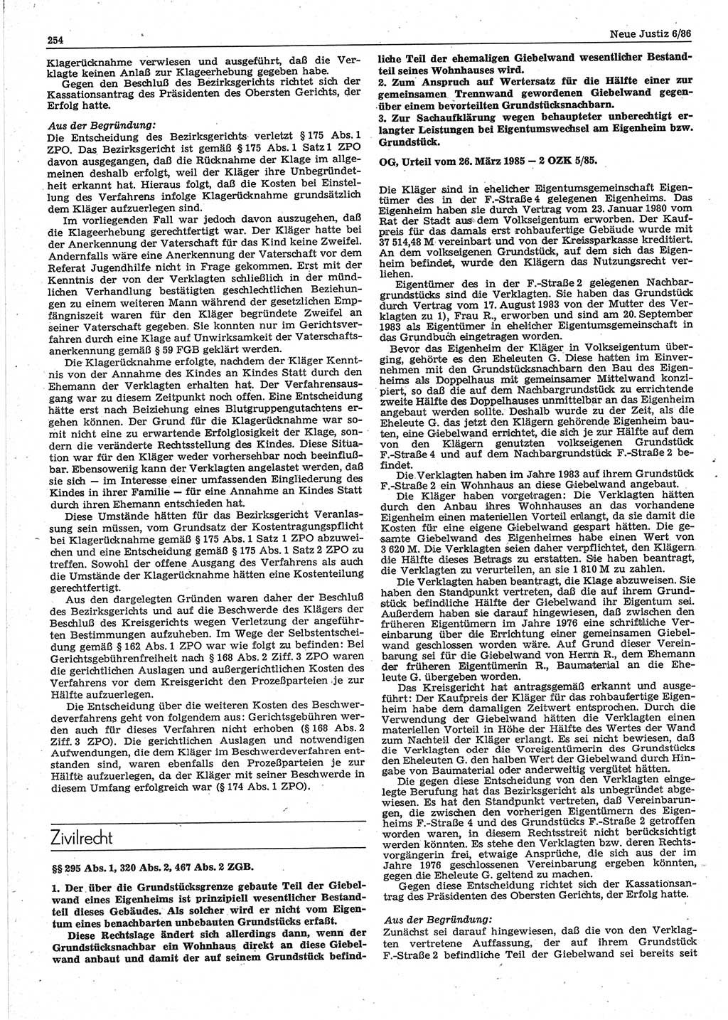 Neue Justiz (NJ), Zeitschrift für sozialistisches Recht und Gesetzlichkeit [Deutsche Demokratische Republik (DDR)], 40. Jahrgang 1986, Seite 254 (NJ DDR 1986, S. 254)