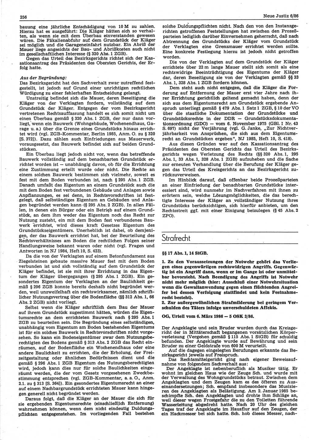 Neue Justiz (NJ), Zeitschrift für sozialistisches Recht und Gesetzlichkeit [Deutsche Demokratische Republik (DDR)], 40. Jahrgang 1986, Seite 256 (NJ DDR 1986, S. 256)