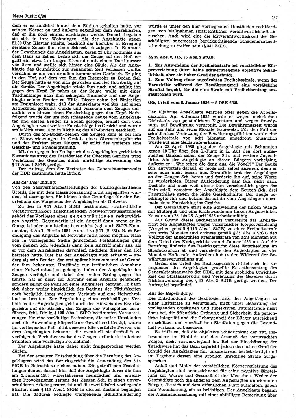 Neue Justiz (NJ), Zeitschrift für sozialistisches Recht und Gesetzlichkeit [Deutsche Demokratische Republik (DDR)], 40. Jahrgang 1986, Seite 257 (NJ DDR 1986, S. 257)