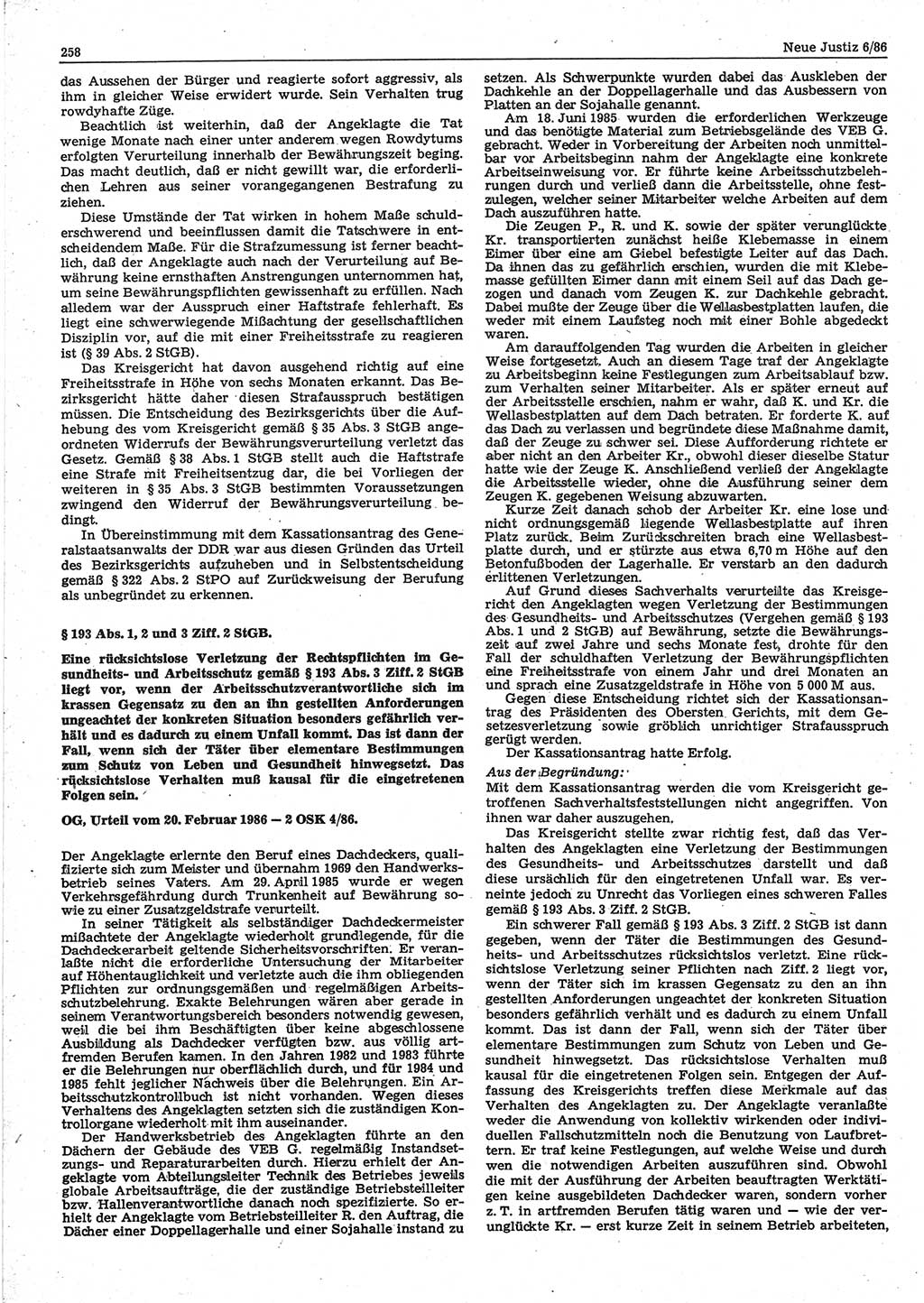 Neue Justiz (NJ), Zeitschrift für sozialistisches Recht und Gesetzlichkeit [Deutsche Demokratische Republik (DDR)], 40. Jahrgang 1986, Seite 258 (NJ DDR 1986, S. 258)