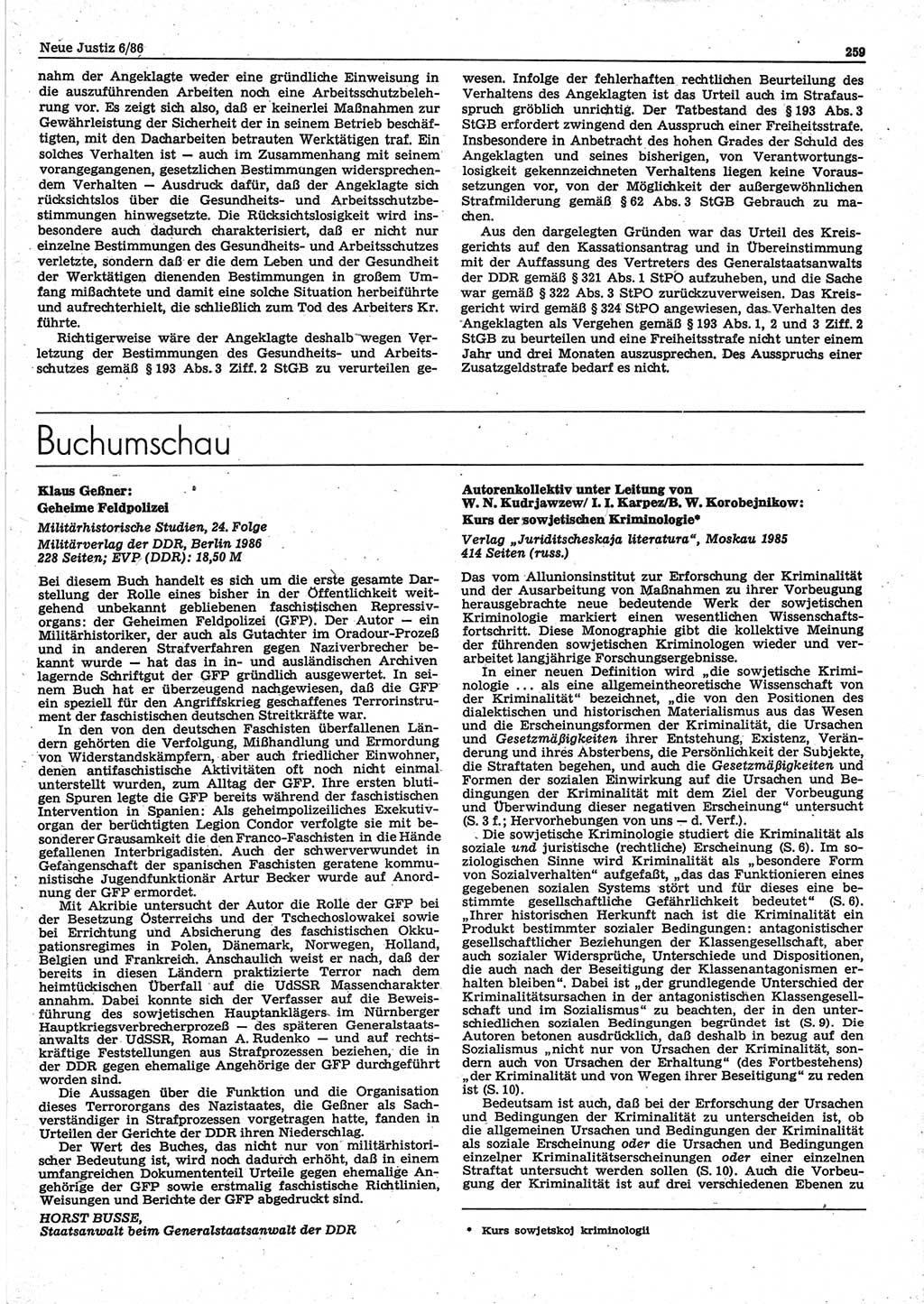 Neue Justiz (NJ), Zeitschrift für sozialistisches Recht und Gesetzlichkeit [Deutsche Demokratische Republik (DDR)], 40. Jahrgang 1986, Seite 259 (NJ DDR 1986, S. 259)