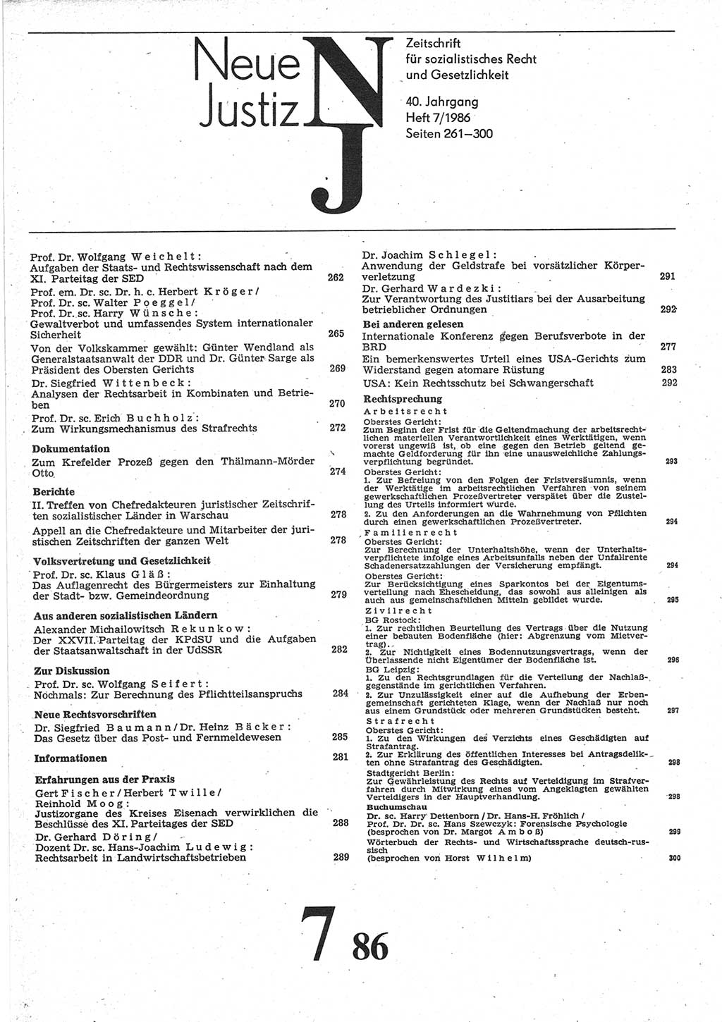Neue Justiz (NJ), Zeitschrift für sozialistisches Recht und Gesetzlichkeit [Deutsche Demokratische Republik (DDR)], 40. Jahrgang 1986, Seite 261 (NJ DDR 1986, S. 261)