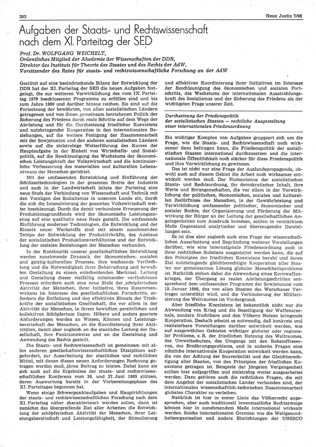 Neue Justiz (NJ), Zeitschrift für sozialistisches Recht und Gesetzlichkeit [Deutsche Demokratische Republik (DDR)], 40. Jahrgang 1986, Seite 262 (NJ DDR 1986, S. 262)