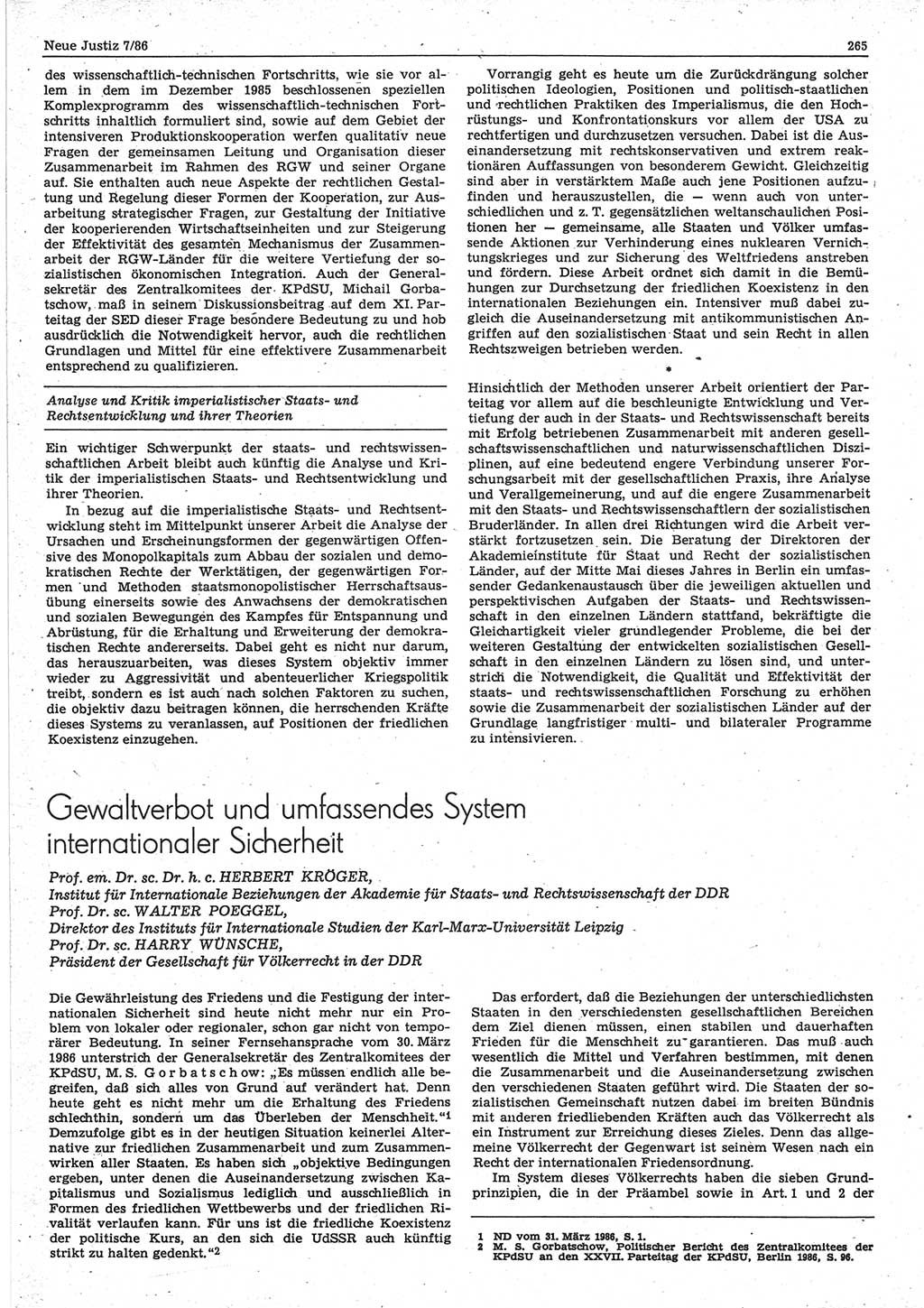 Neue Justiz (NJ), Zeitschrift für sozialistisches Recht und Gesetzlichkeit [Deutsche Demokratische Republik (DDR)], 40. Jahrgang 1986, Seite 265 (NJ DDR 1986, S. 265)