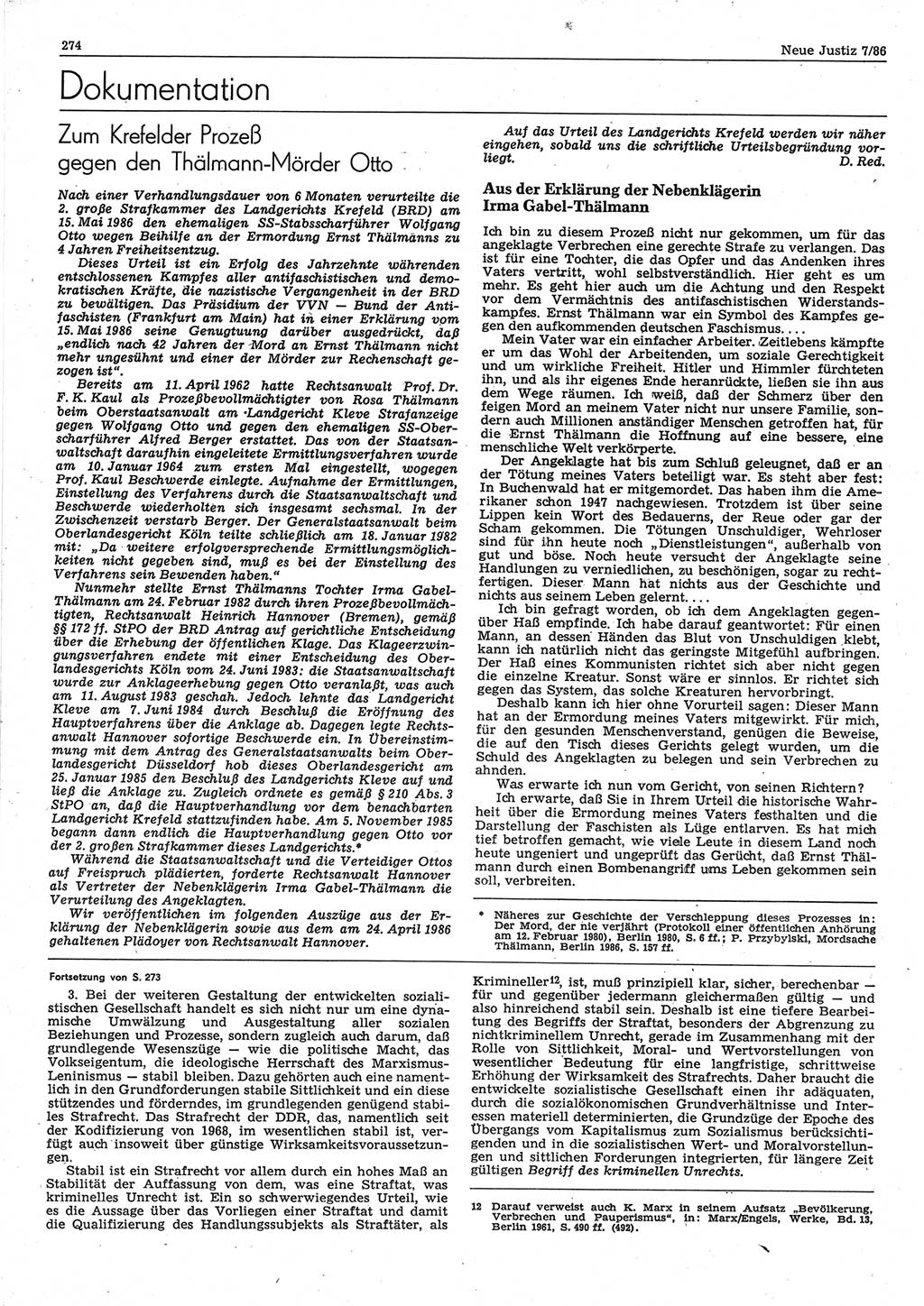 Neue Justiz (NJ), Zeitschrift für sozialistisches Recht und Gesetzlichkeit [Deutsche Demokratische Republik (DDR)], 40. Jahrgang 1986, Seite 274 (NJ DDR 1986, S. 274)