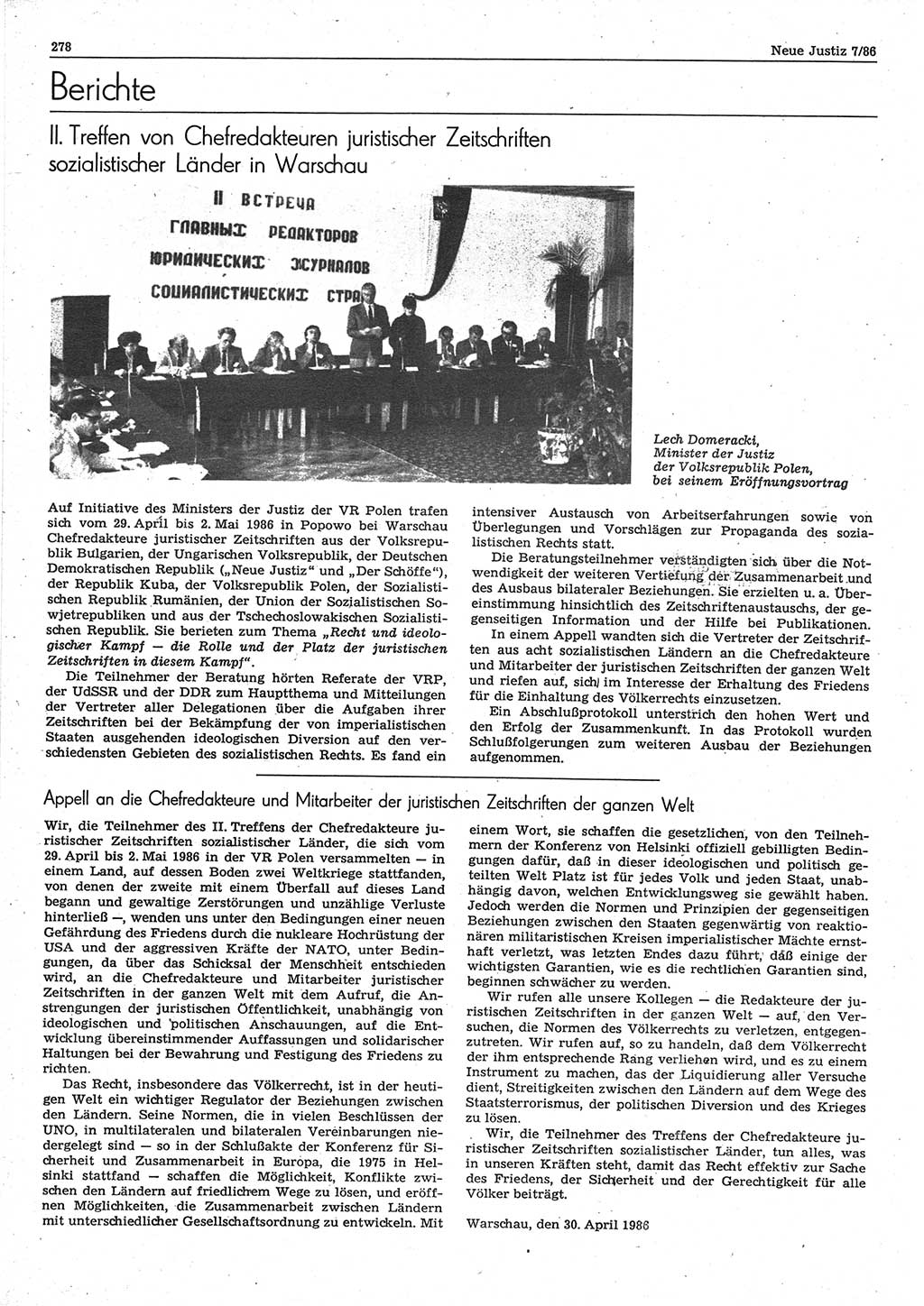 Neue Justiz (NJ), Zeitschrift für sozialistisches Recht und Gesetzlichkeit [Deutsche Demokratische Republik (DDR)], 40. Jahrgang 1986, Seite 278 (NJ DDR 1986, S. 278)