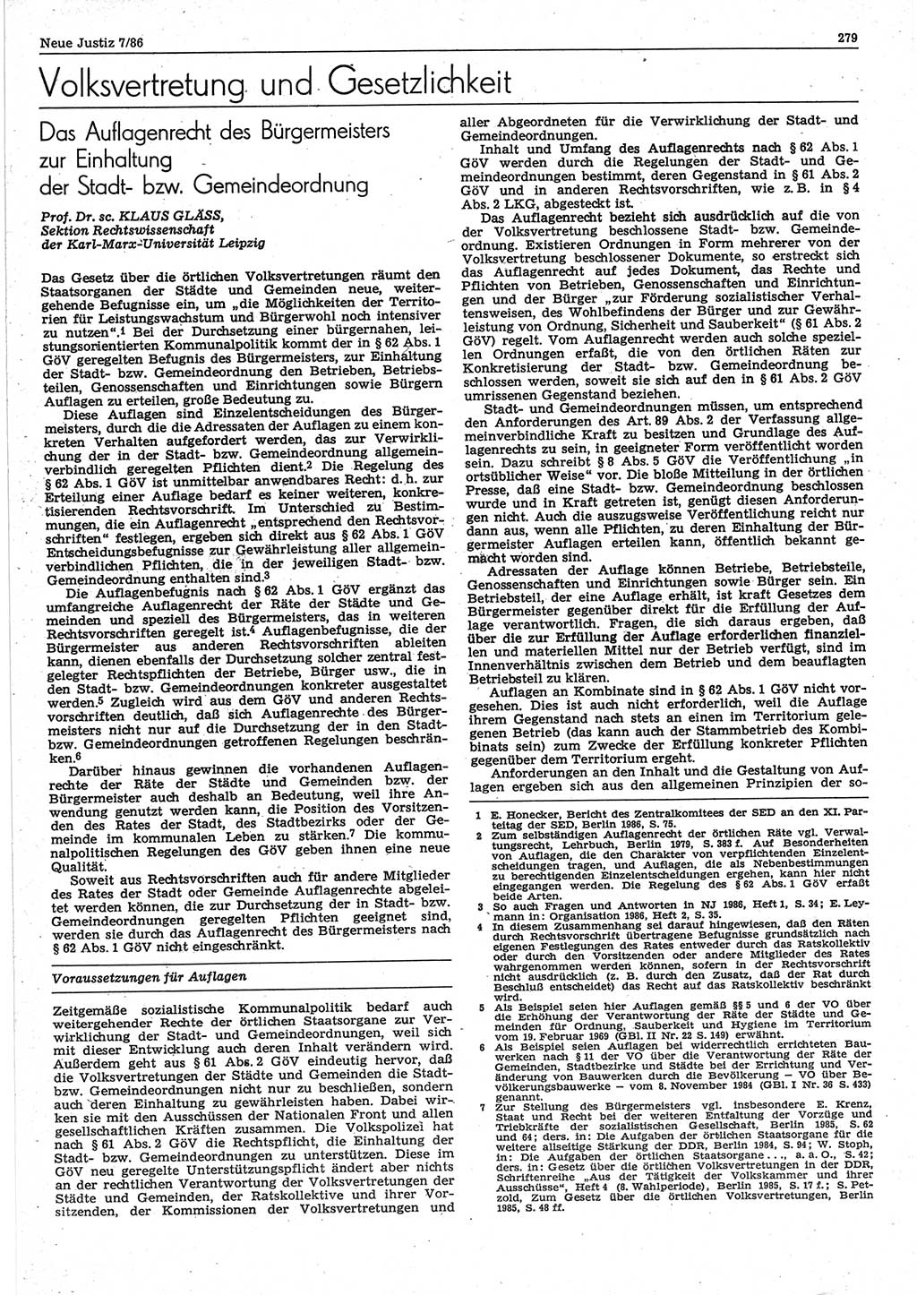 Neue Justiz (NJ), Zeitschrift für sozialistisches Recht und Gesetzlichkeit [Deutsche Demokratische Republik (DDR)], 40. Jahrgang 1986, Seite 279 (NJ DDR 1986, S. 279)