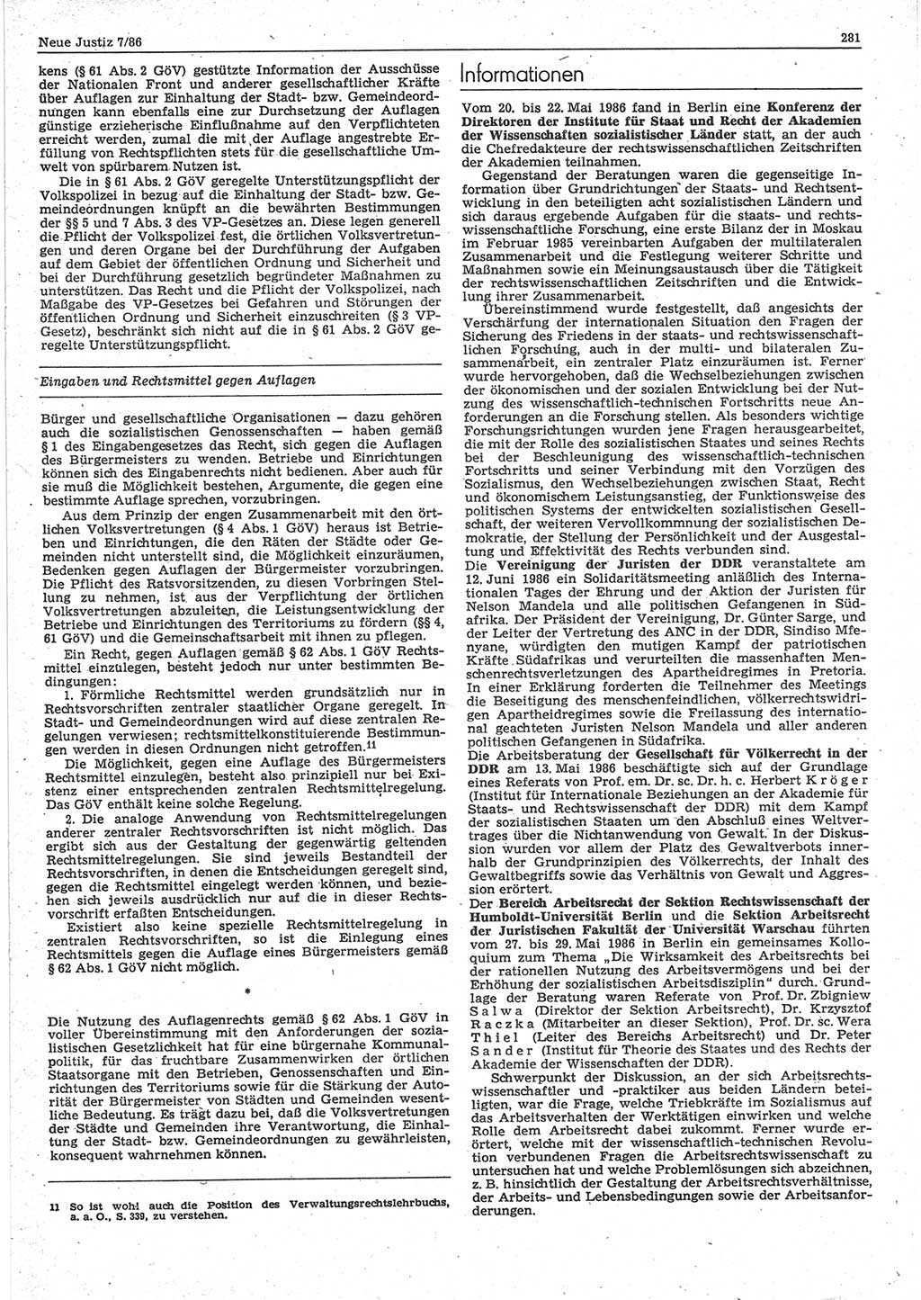 Neue Justiz (NJ), Zeitschrift für sozialistisches Recht und Gesetzlichkeit [Deutsche Demokratische Republik (DDR)], 40. Jahrgang 1986, Seite 281 (NJ DDR 1986, S. 281)