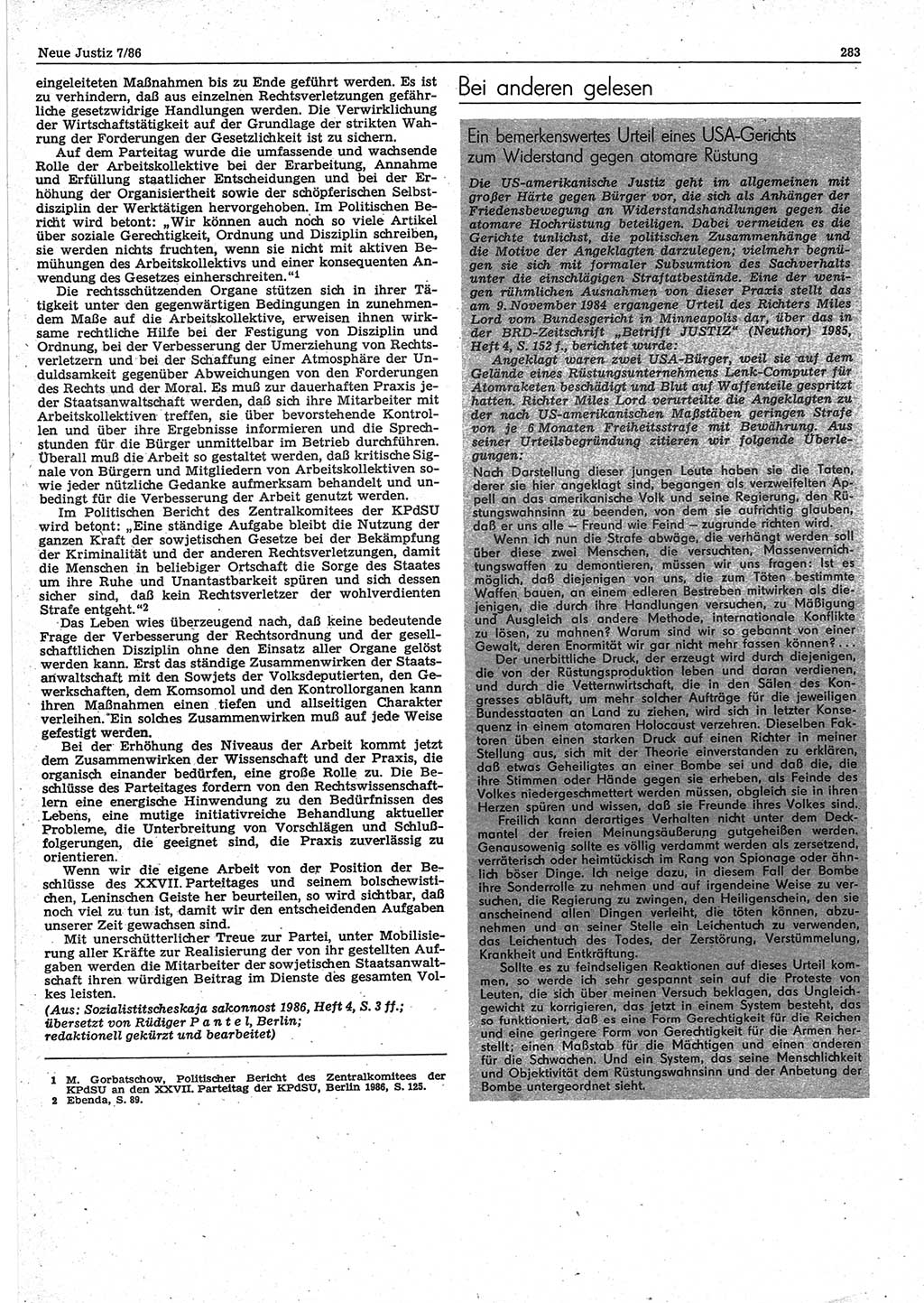 Neue Justiz (NJ), Zeitschrift für sozialistisches Recht und Gesetzlichkeit [Deutsche Demokratische Republik (DDR)], 40. Jahrgang 1986, Seite 283 (NJ DDR 1986, S. 283)