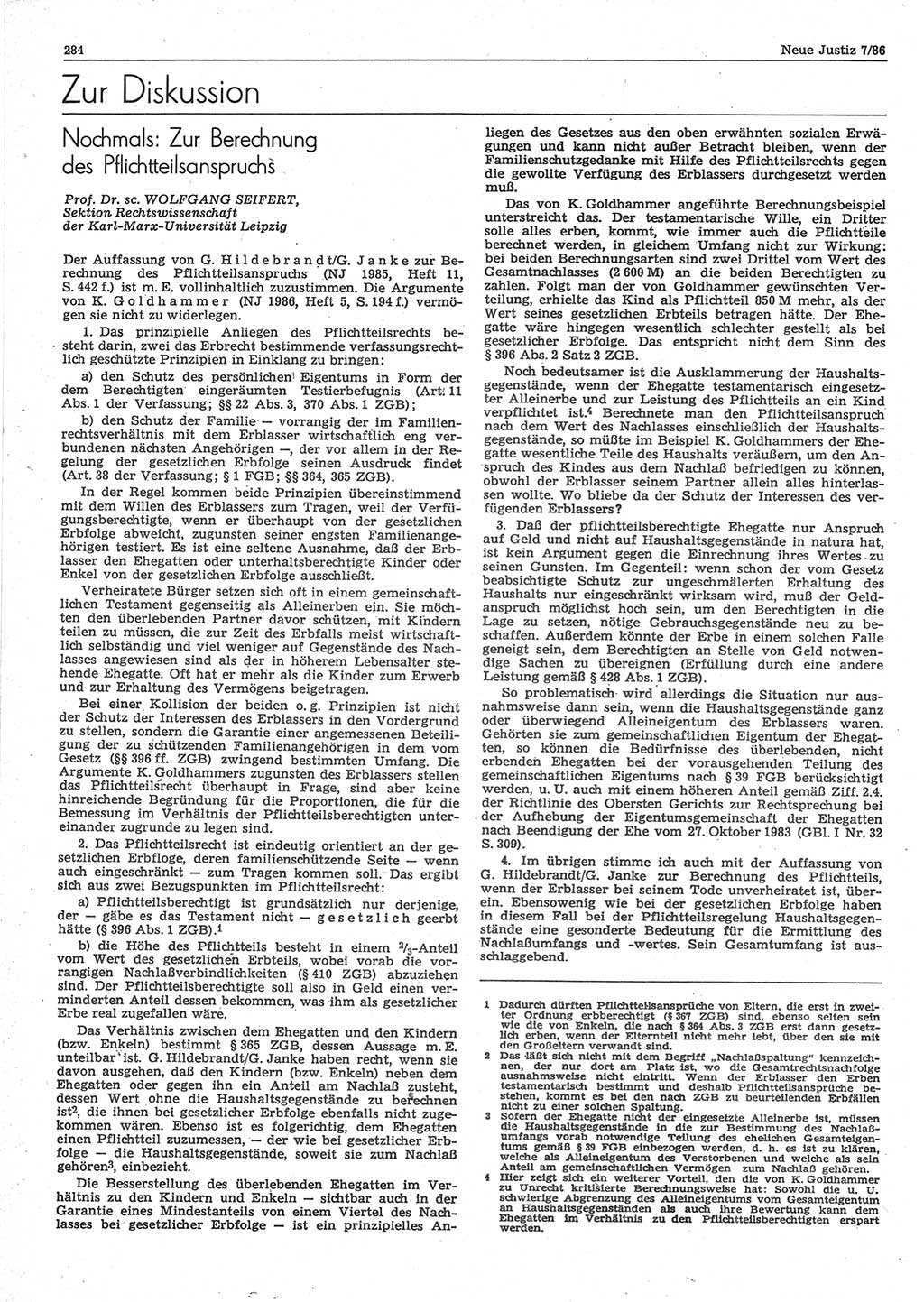 Neue Justiz (NJ), Zeitschrift für sozialistisches Recht und Gesetzlichkeit [Deutsche Demokratische Republik (DDR)], 40. Jahrgang 1986, Seite 284 (NJ DDR 1986, S. 284)