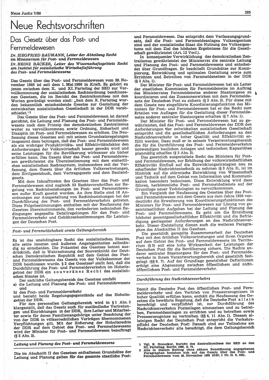 Neue Justiz (NJ), Zeitschrift für sozialistisches Recht und Gesetzlichkeit [Deutsche Demokratische Republik (DDR)], 40. Jahrgang 1986, Seite 285 (NJ DDR 1986, S. 285)