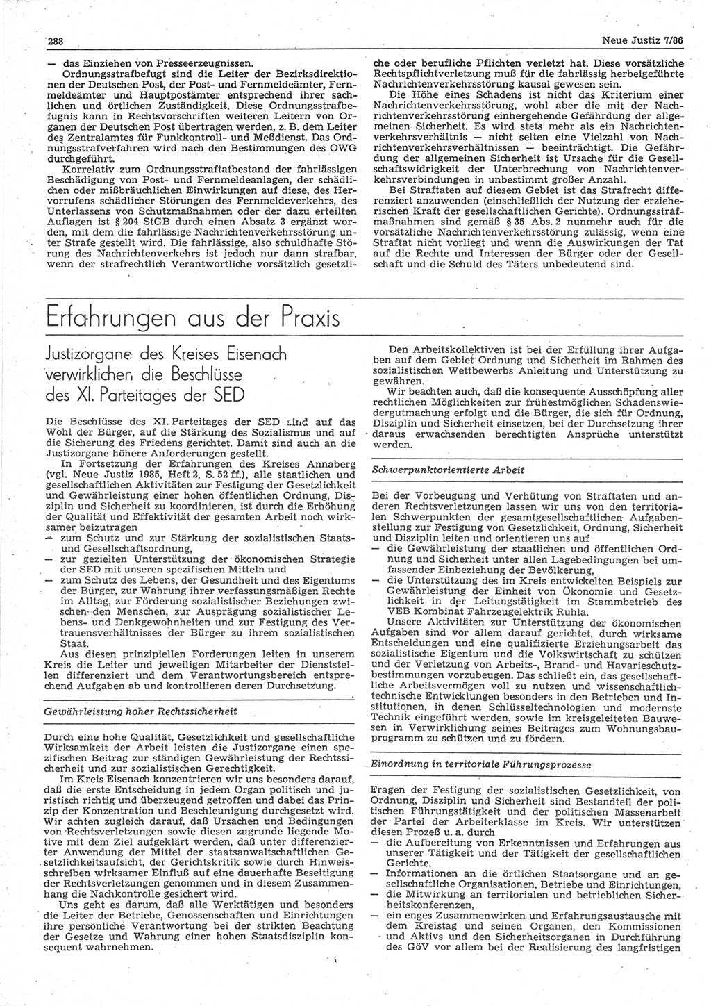 Neue Justiz (NJ), Zeitschrift für sozialistisches Recht und Gesetzlichkeit [Deutsche Demokratische Republik (DDR)], 40. Jahrgang 1986, Seite 288 (NJ DDR 1986, S. 288)