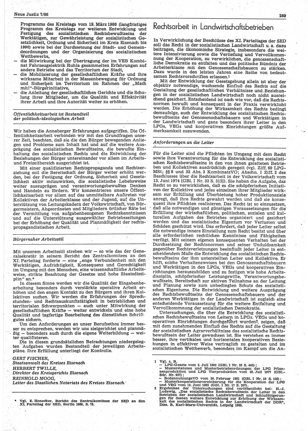 Neue Justiz (NJ), Zeitschrift für sozialistisches Recht und Gesetzlichkeit [Deutsche Demokratische Republik (DDR)], 40. Jahrgang 1986, Seite 289 (NJ DDR 1986, S. 289)