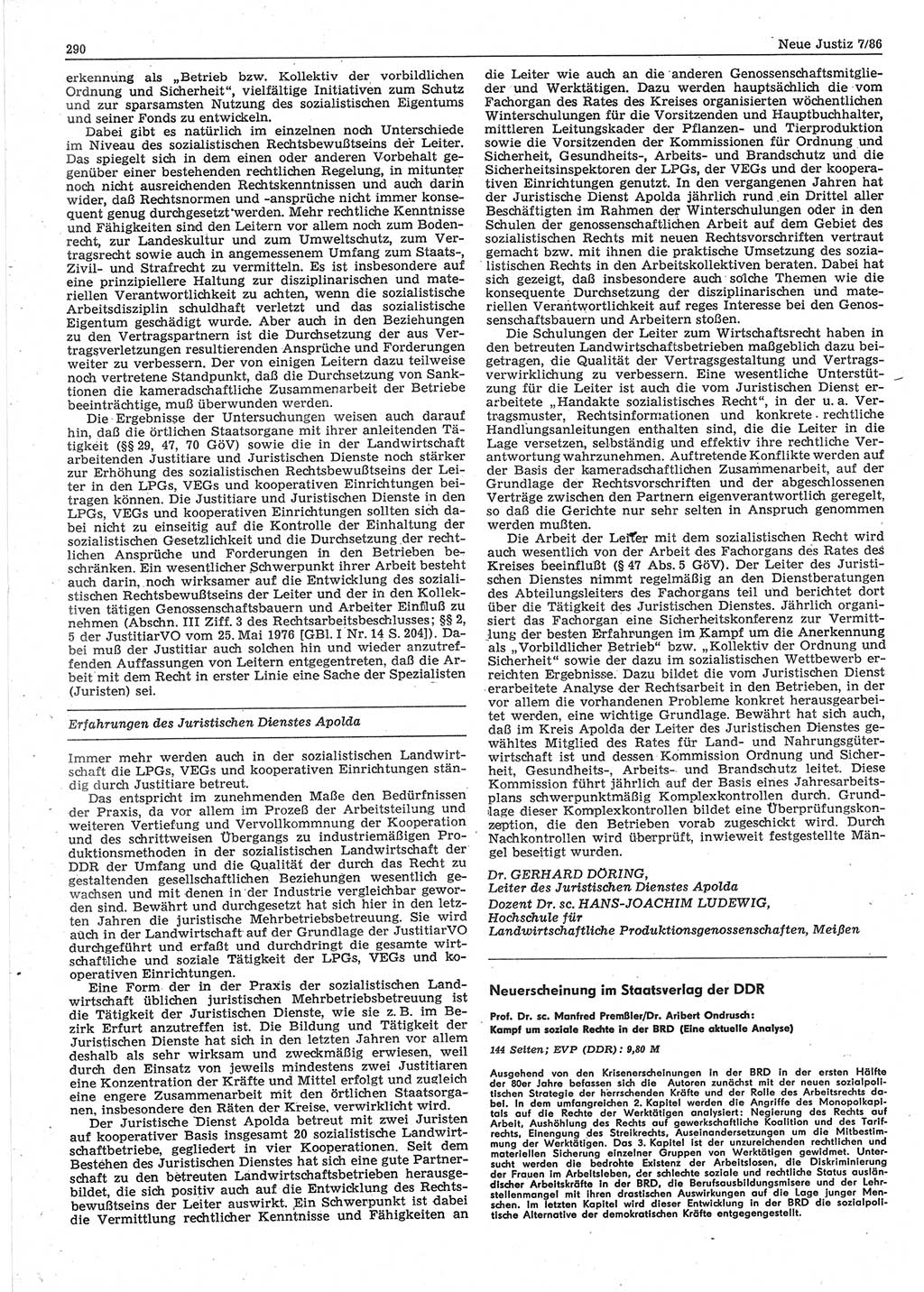 Neue Justiz (NJ), Zeitschrift für sozialistisches Recht und Gesetzlichkeit [Deutsche Demokratische Republik (DDR)], 40. Jahrgang 1986, Seite 290 (NJ DDR 1986, S. 290)