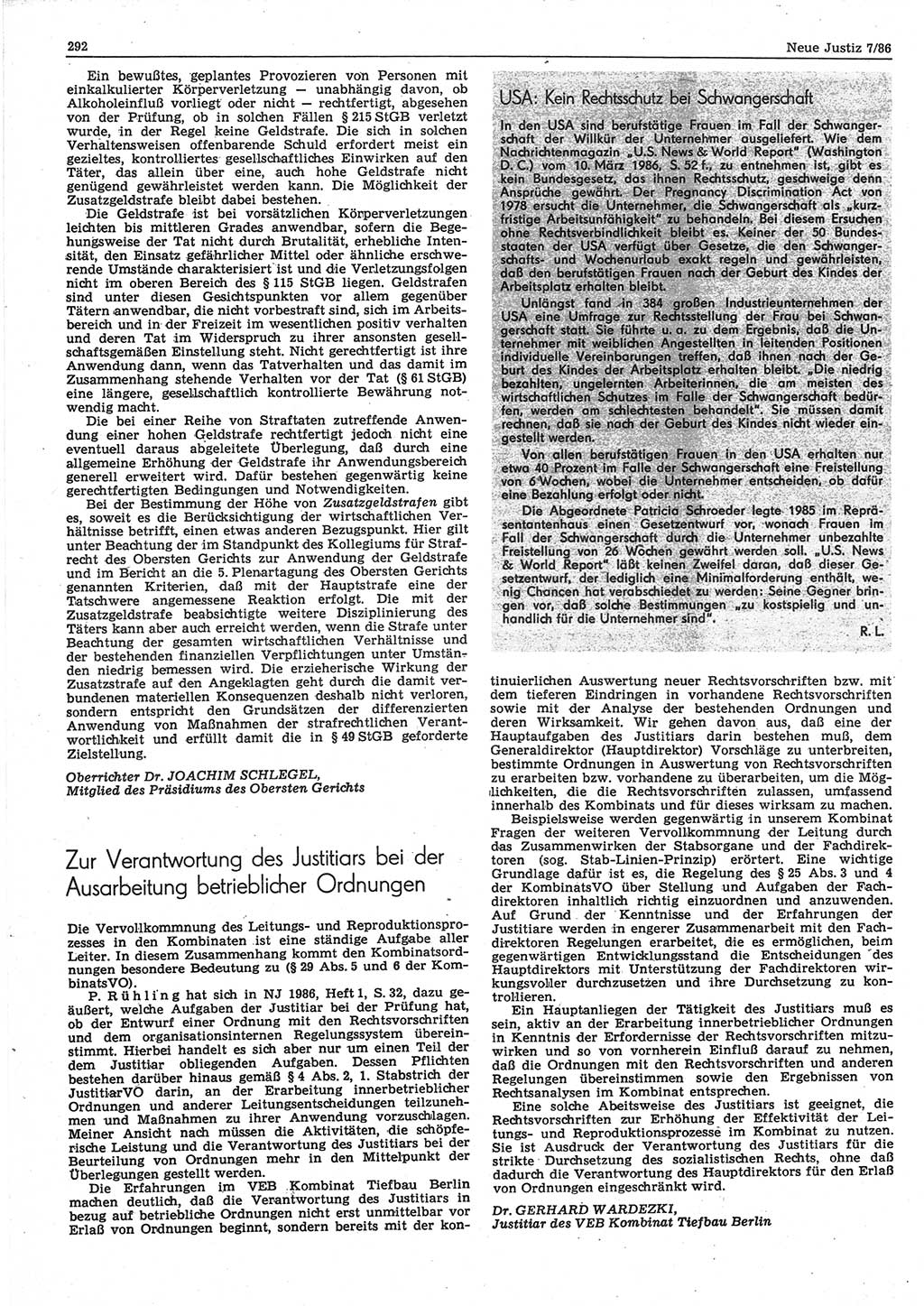 Neue Justiz (NJ), Zeitschrift für sozialistisches Recht und Gesetzlichkeit [Deutsche Demokratische Republik (DDR)], 40. Jahrgang 1986, Seite 292 (NJ DDR 1986, S. 292)