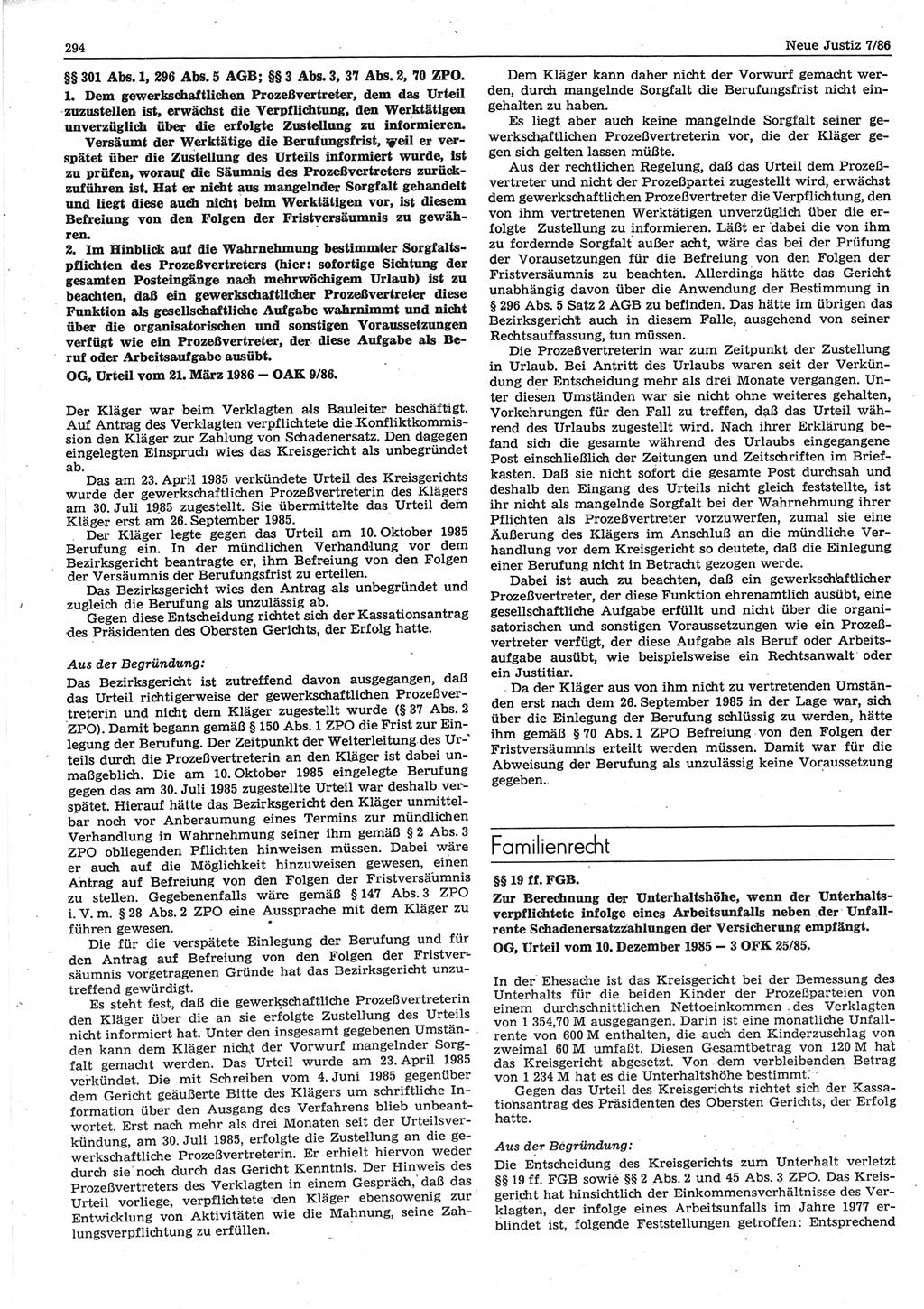 Neue Justiz (NJ), Zeitschrift für sozialistisches Recht und Gesetzlichkeit [Deutsche Demokratische Republik (DDR)], 40. Jahrgang 1986, Seite 294 (NJ DDR 1986, S. 294)