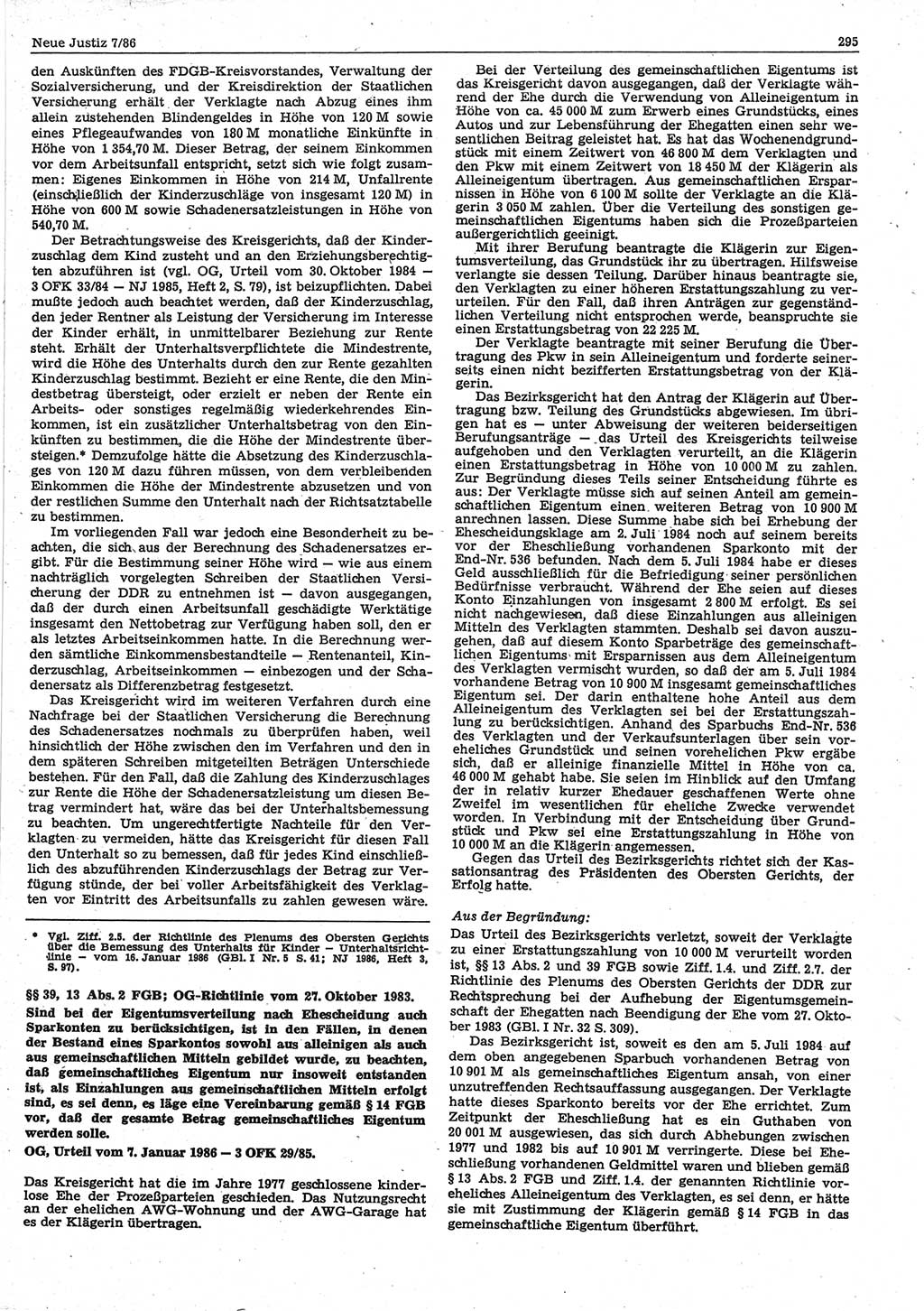 Neue Justiz (NJ), Zeitschrift für sozialistisches Recht und Gesetzlichkeit [Deutsche Demokratische Republik (DDR)], 40. Jahrgang 1986, Seite 295 (NJ DDR 1986, S. 295)