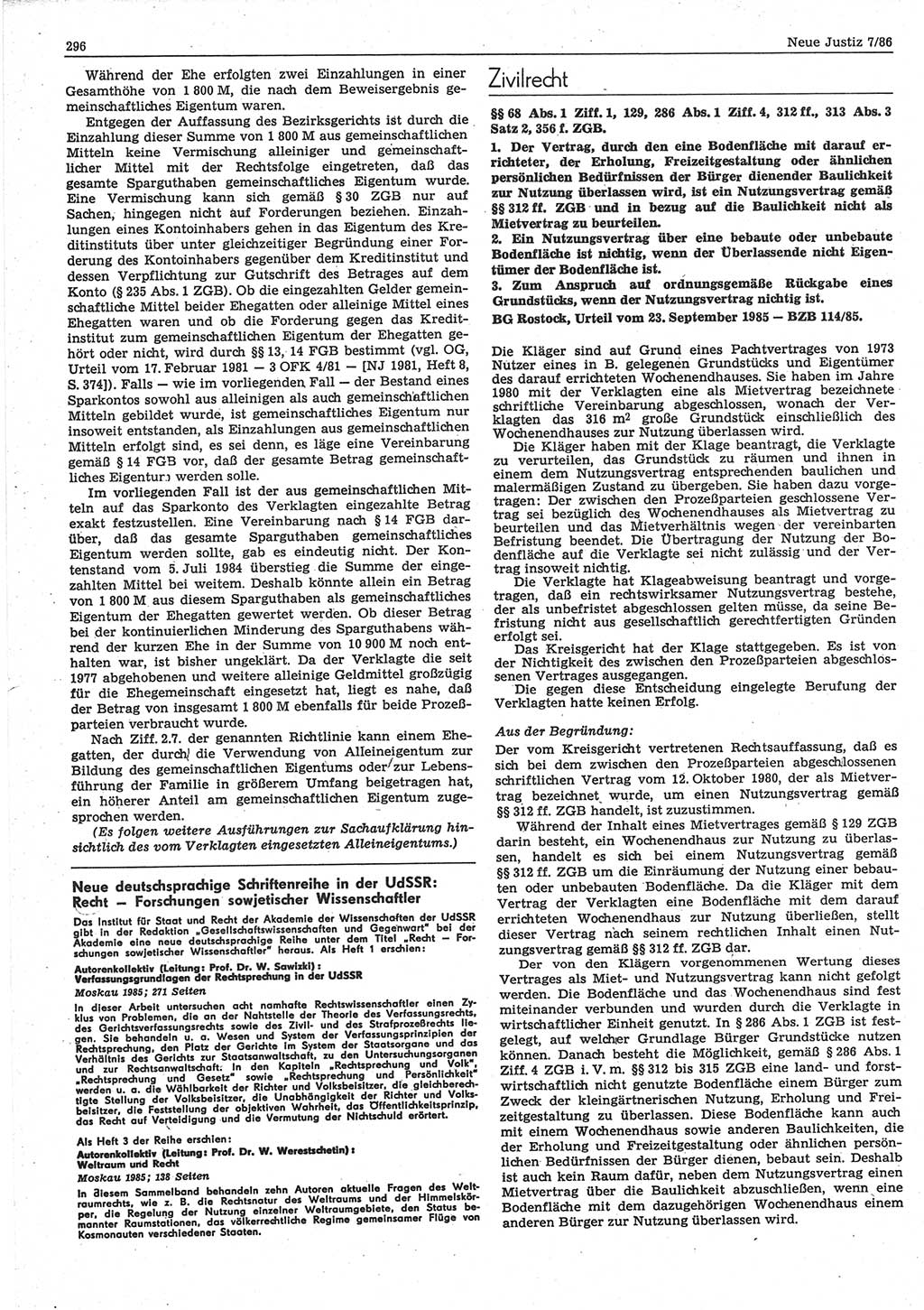Neue Justiz (NJ), Zeitschrift für sozialistisches Recht und Gesetzlichkeit [Deutsche Demokratische Republik (DDR)], 40. Jahrgang 1986, Seite 296 (NJ DDR 1986, S. 296)