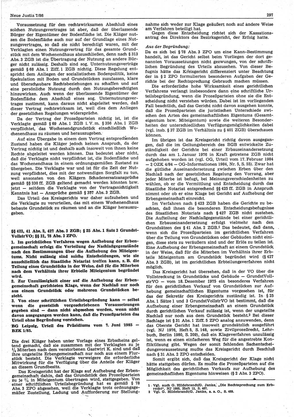 Neue Justiz (NJ), Zeitschrift für sozialistisches Recht und Gesetzlichkeit [Deutsche Demokratische Republik (DDR)], 40. Jahrgang 1986, Seite 297 (NJ DDR 1986, S. 297)