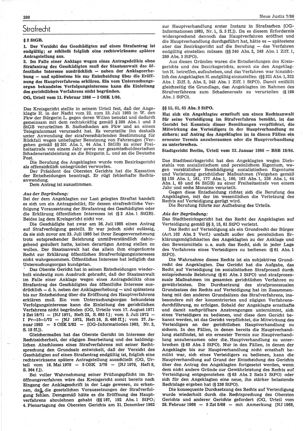 Neue Justiz (NJ), Zeitschrift für sozialistisches Recht und Gesetzlichkeit [Deutsche Demokratische Republik (DDR)], 40. Jahrgang 1986, Seite 298 (NJ DDR 1986, S. 298)