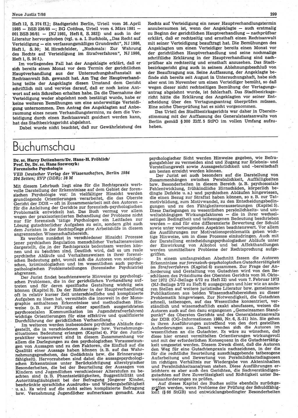 Neue Justiz (NJ), Zeitschrift für sozialistisches Recht und Gesetzlichkeit [Deutsche Demokratische Republik (DDR)], 40. Jahrgang 1986, Seite 299 (NJ DDR 1986, S. 299)