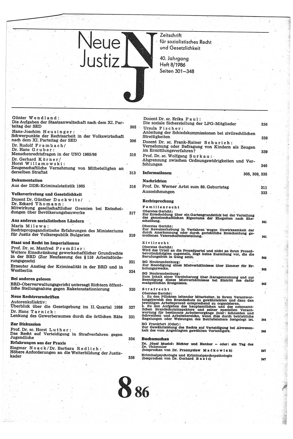 Neue Justiz (NJ), Zeitschrift für sozialistisches Recht und Gesetzlichkeit [Deutsche Demokratische Republik (DDR)], 40. Jahrgang 1986, Seite 301 (NJ DDR 1986, S. 301)