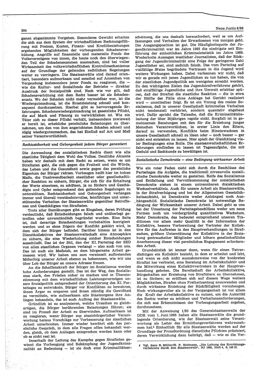 Neue Justiz (NJ), Zeitschrift für sozialistisches Recht und Gesetzlichkeit [Deutsche Demokratische Republik (DDR)], 40. Jahrgang 1986, Seite 304 (NJ DDR 1986, S. 304)